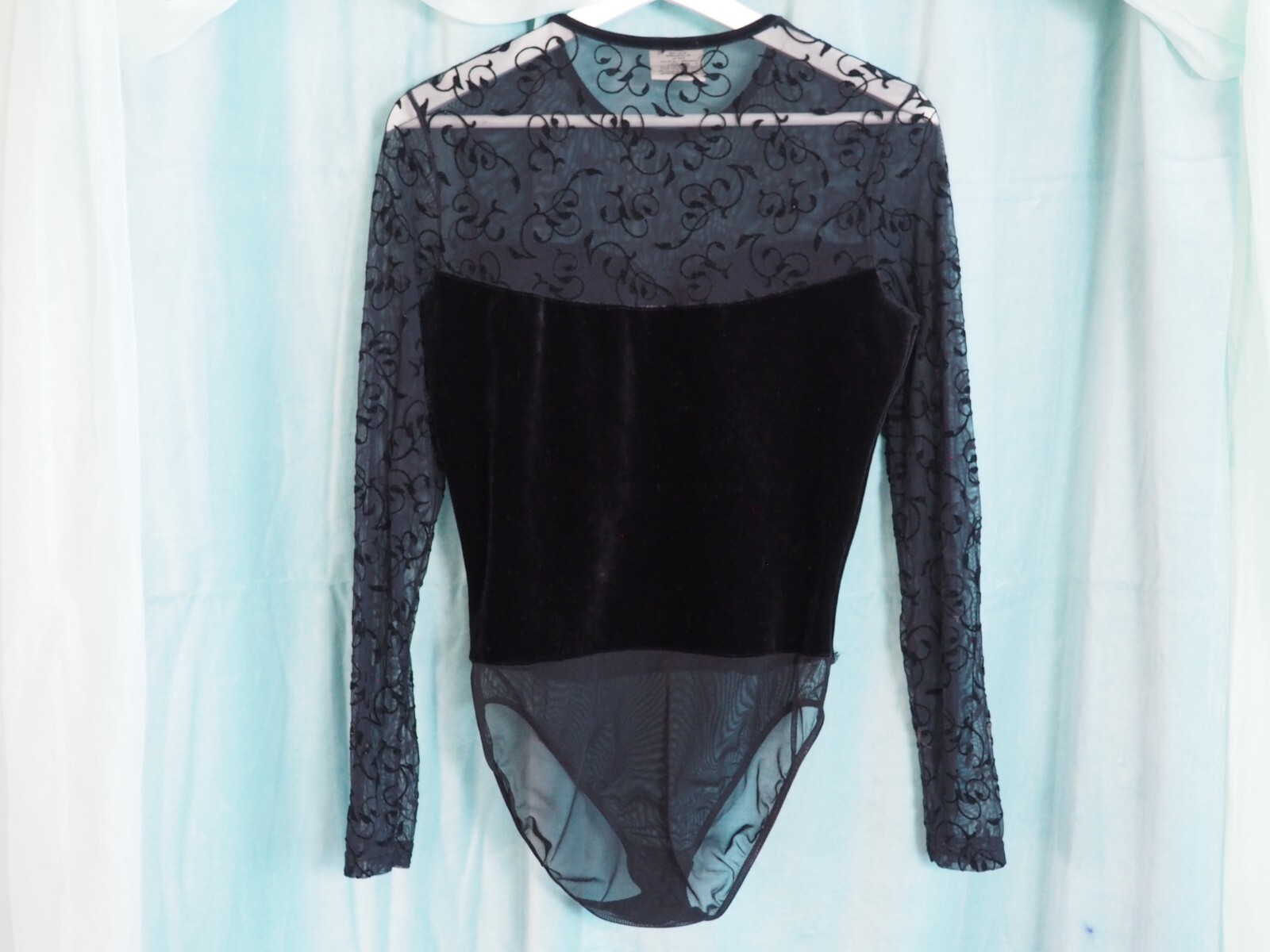 VTG Arianne Black Lace Velvet Sheer Lingerie Long Sleeve Bodysuit Playsuit Sz L