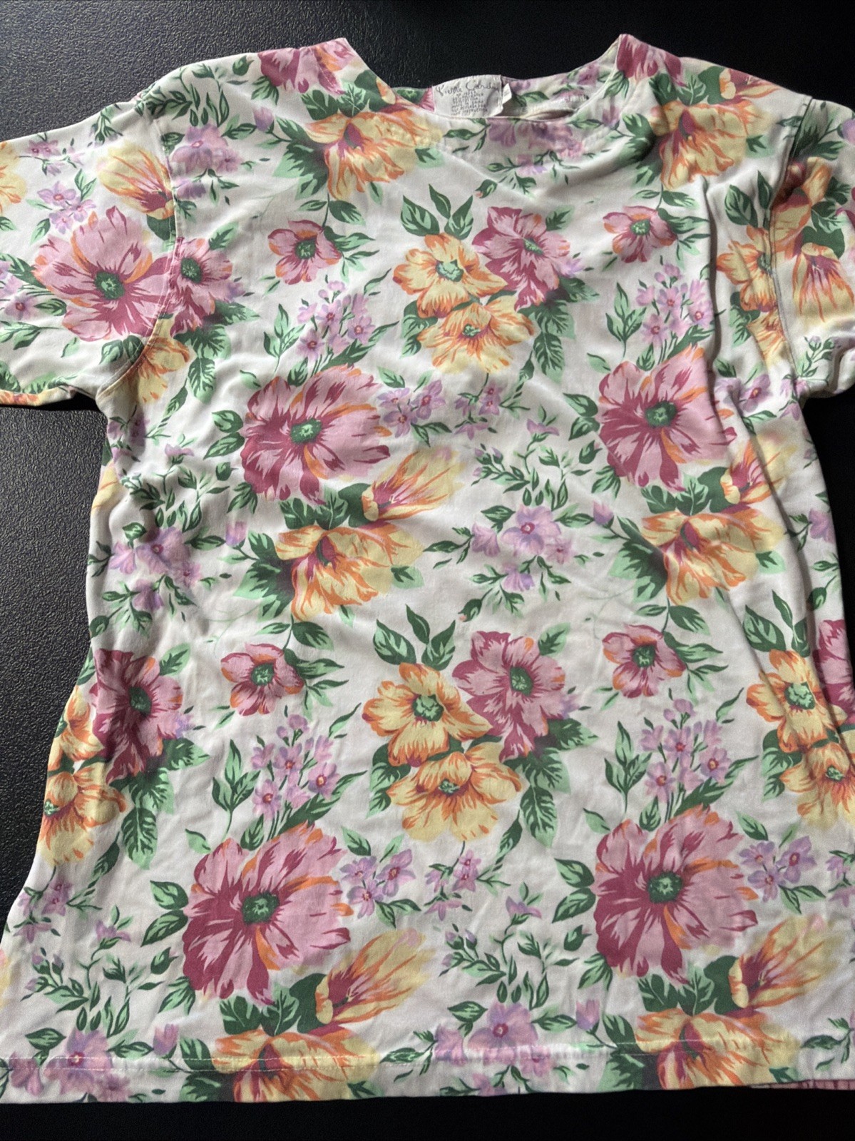 Pierre Cardin Top Ladies M Pink Orange Flower Print Shoulder Pads Vintage White
