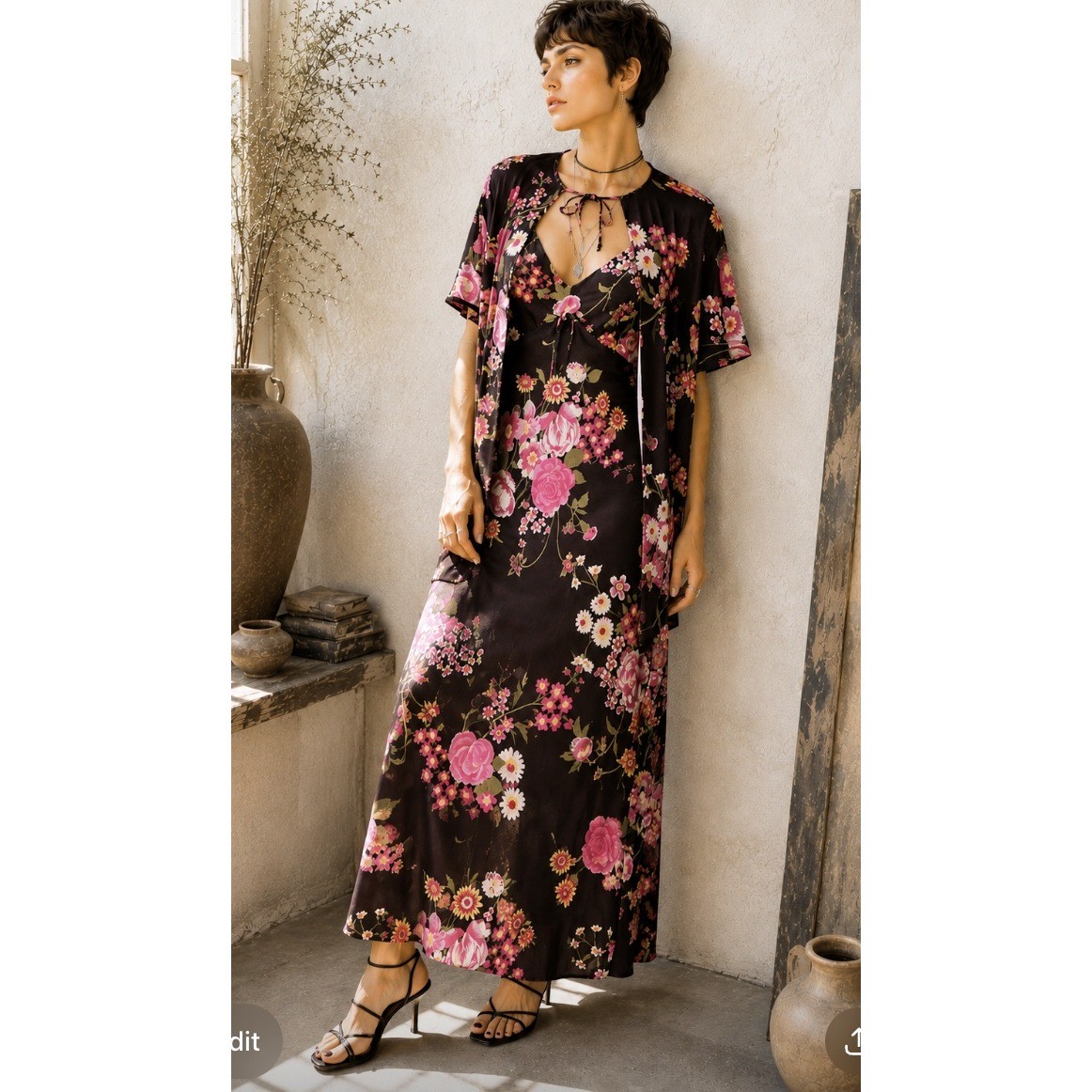 Vintage 70s Floral Nightgown Dress & Duster Romantic Retro Empire Cottage M
