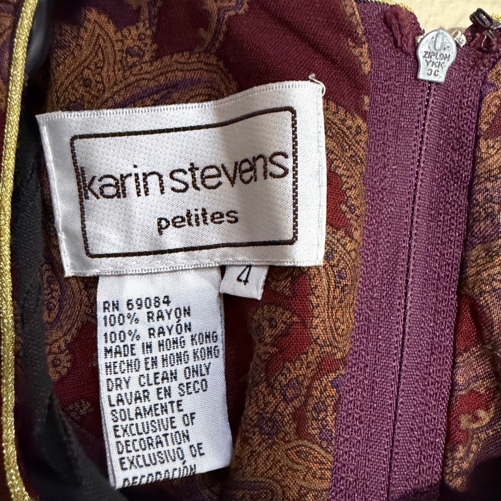 Karin Stevens Petites Vintage Paisley Midi Dress Burgundy Purple Gold Size 4