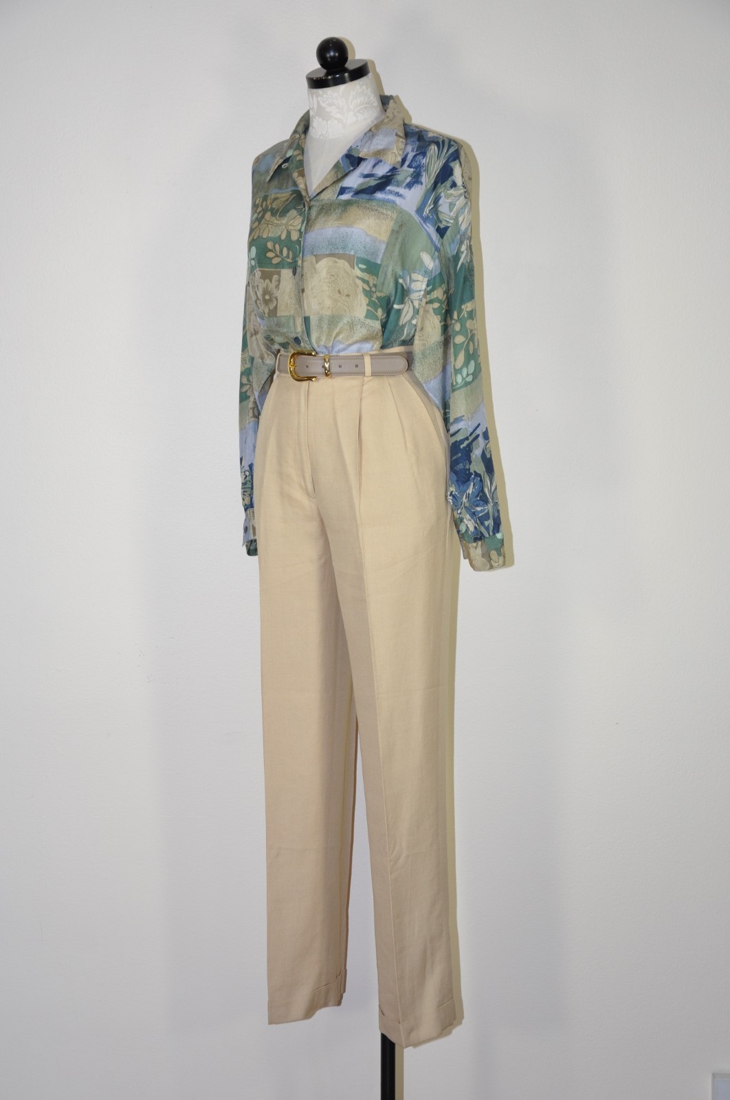 90s Vintage Green Silk Botanical Floral Print Oversized Shirt Blouse Top Women M