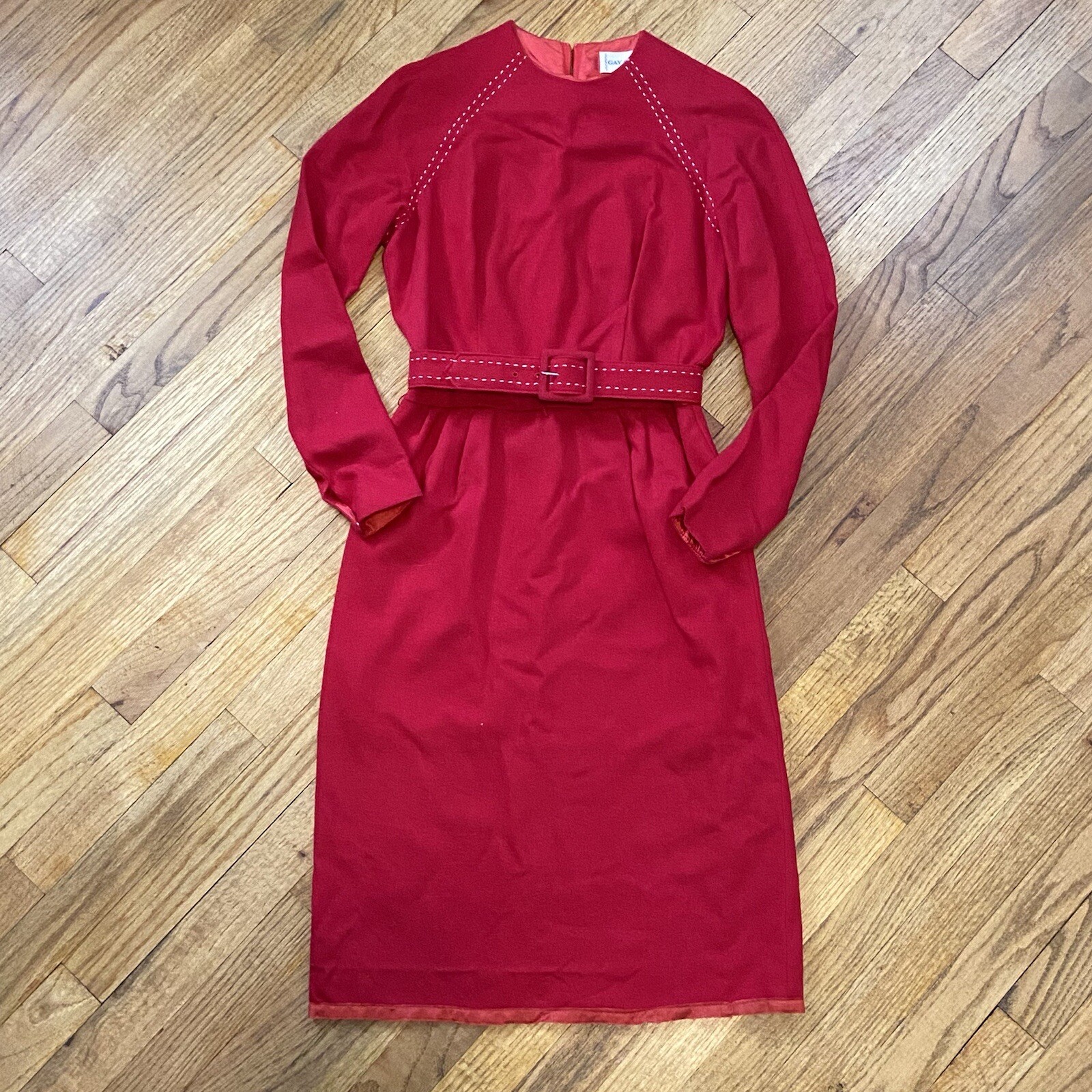 Vintage Gay Gibson Red Winter Dress With Original Belt 100% Wool Ribbon Trimmed