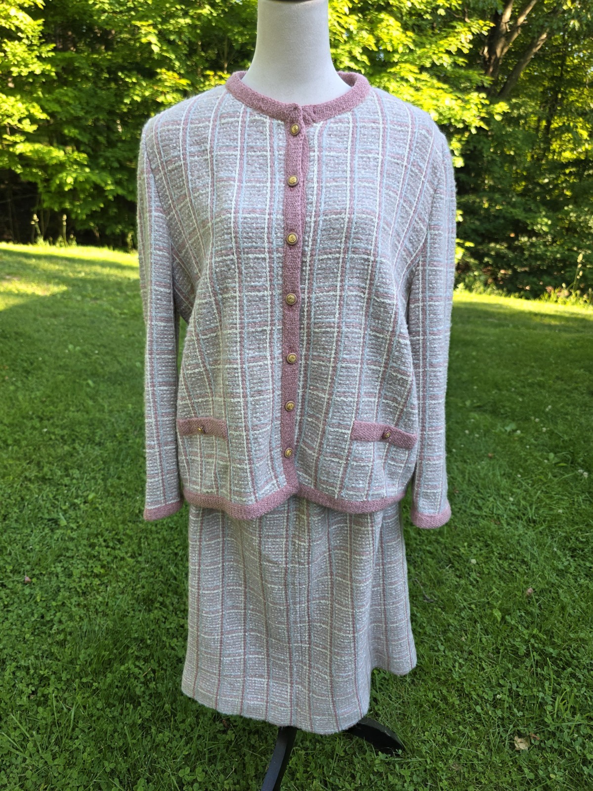 Vtg Castleberry Knits Skirt Suit Set Boucle Tweed Pink Cream Plaid Plus Mohair