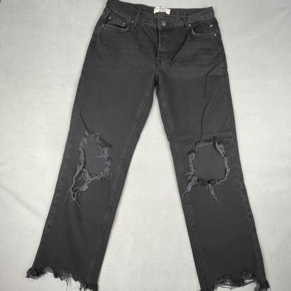 We The Free Maggie Jeans Sz 26 Distressed Black Mid Rise Straight Leg Grunge 90s