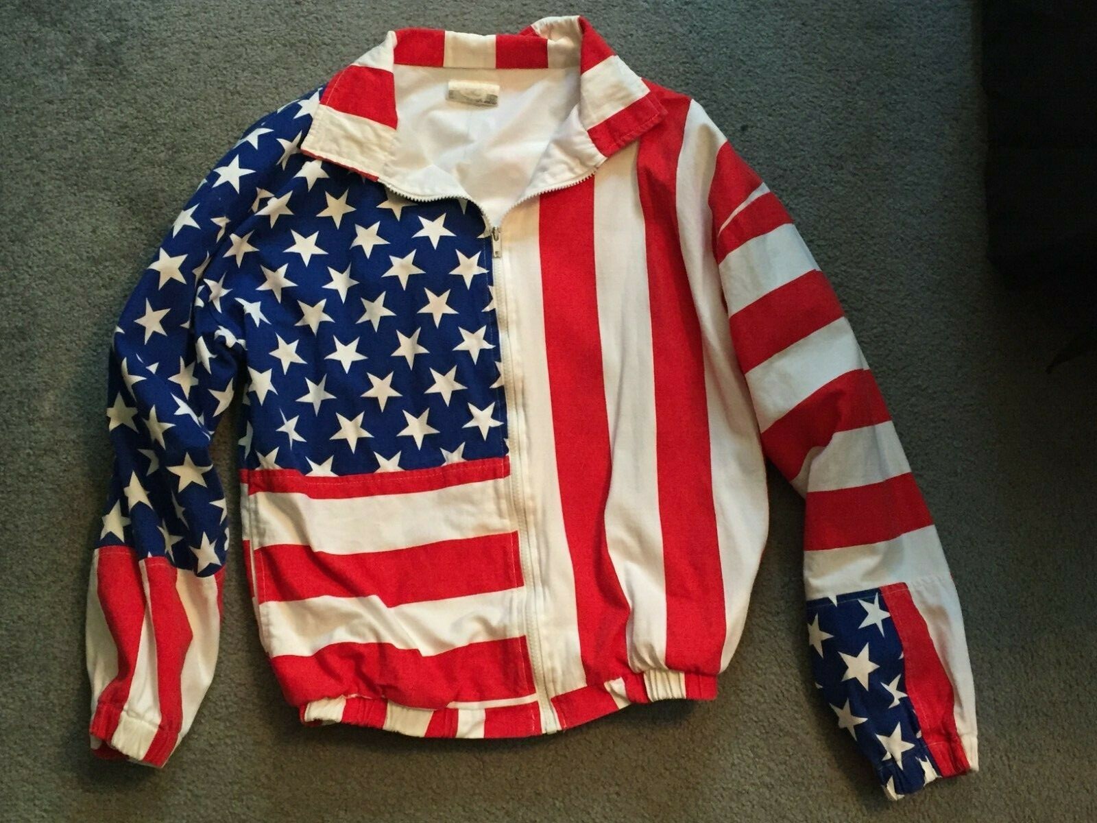VINTAGE 80’S CARABELLA USA FLAG BOMBER JACKET LINED ZIPPERED COTTON UNISEX M