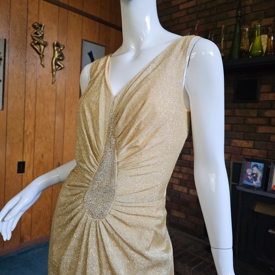 Vtg 50s 60s Lilli Diamond Gold Lurex Bombshell Wiggle Cocktail Party Dress S/M