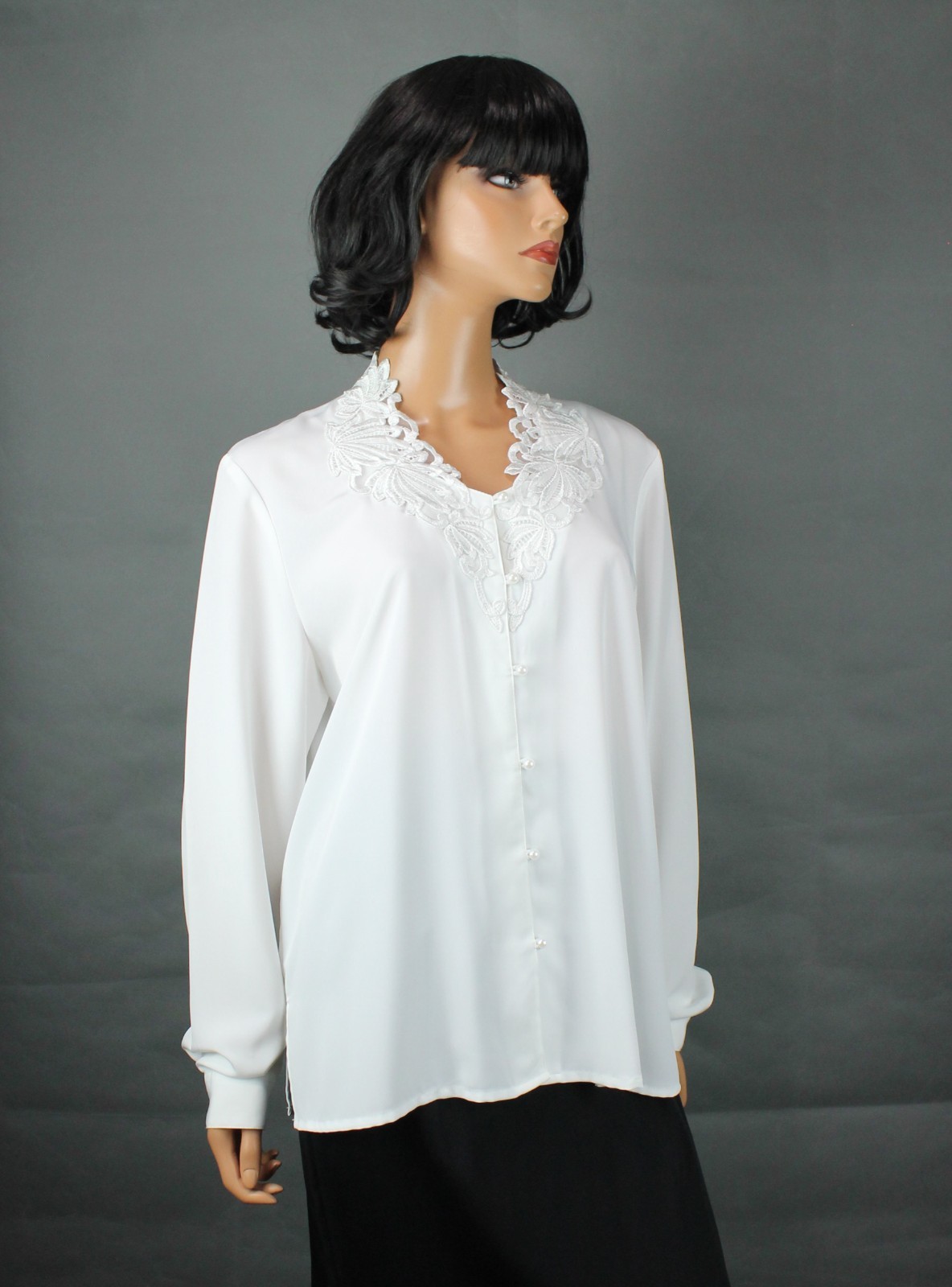 V Neck Blouse Sz 16 XL Vintage 90s White Peal Button Lace Accent Dress Shirt