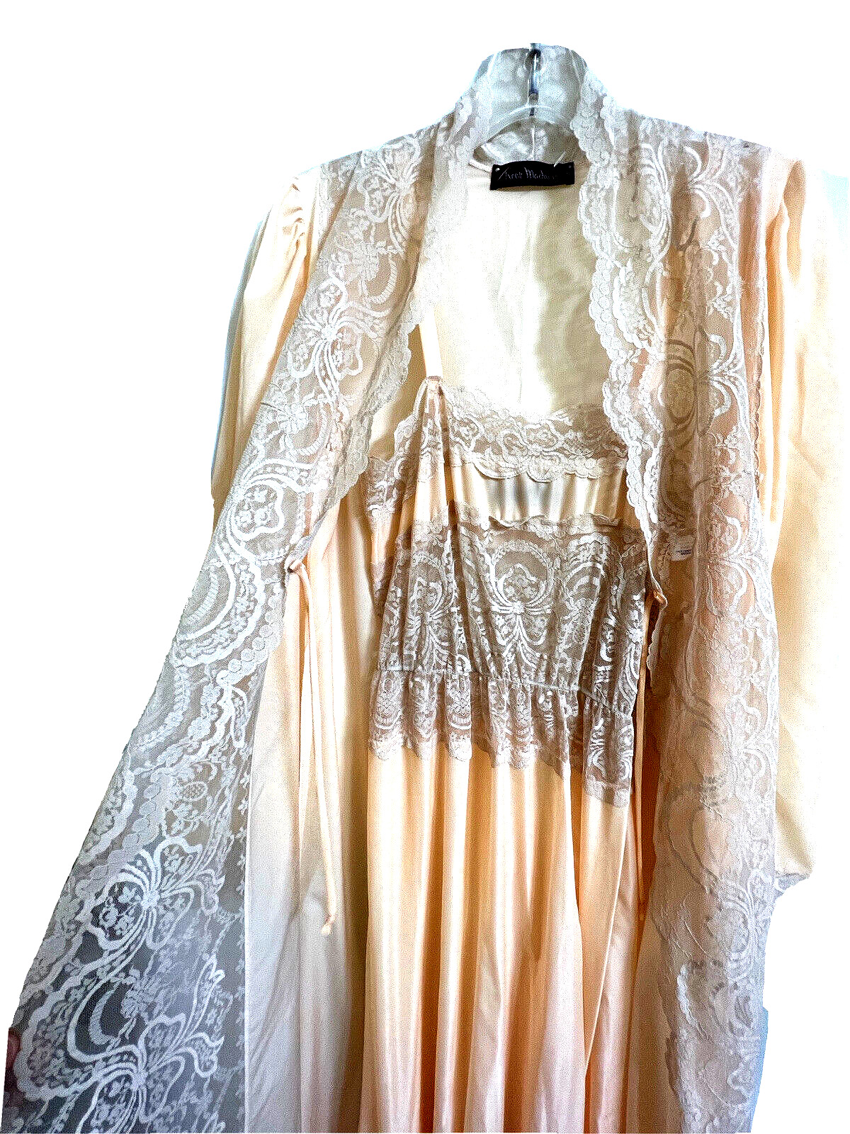 Sheer Madness Peach Satin Lacy Long Nightgown Matching Robe Set P / Petite VTG