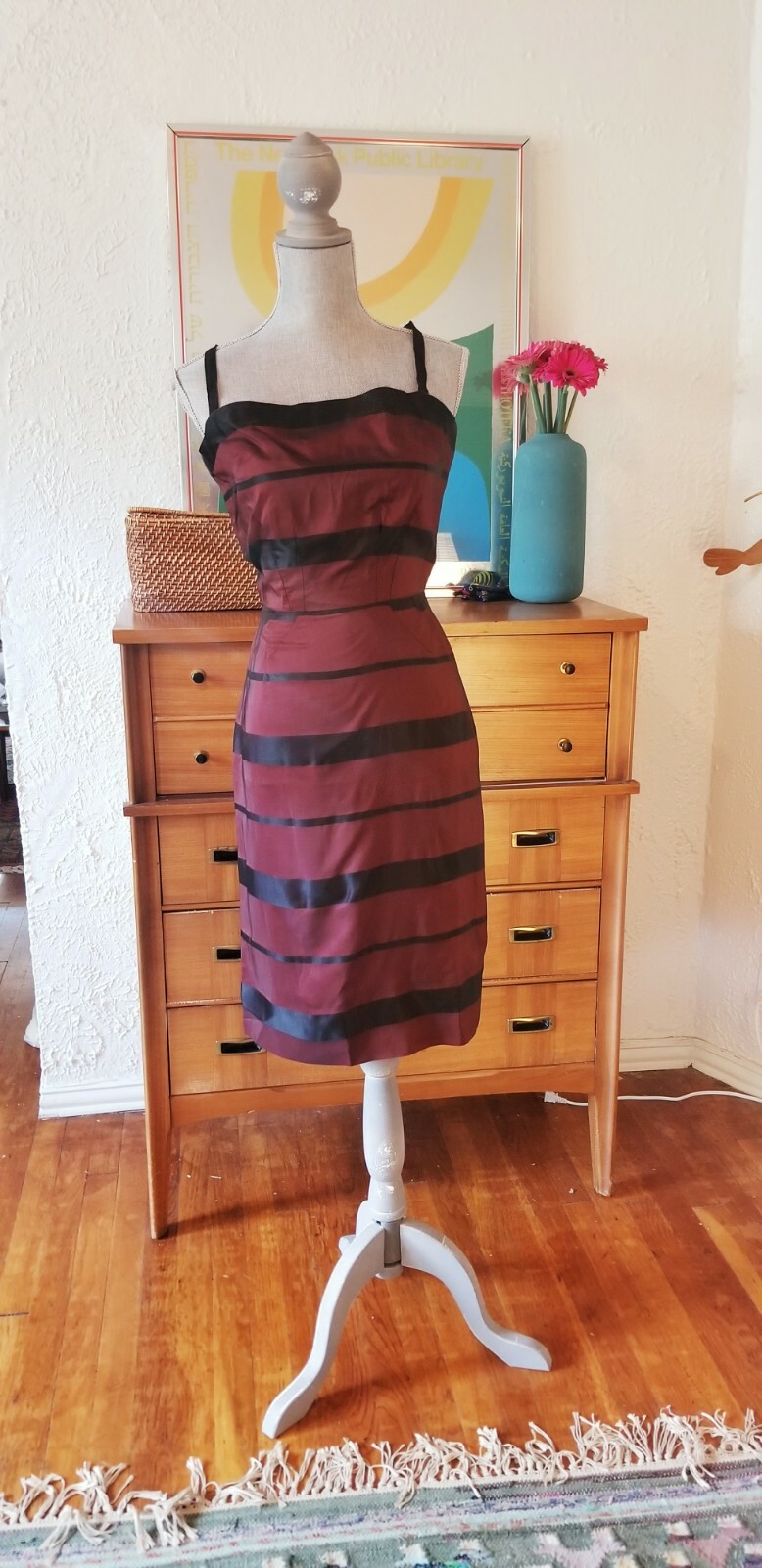 Vintage 50s Dress Party Striped Print Red Black Set Wiggle Suit Caplet XS Small