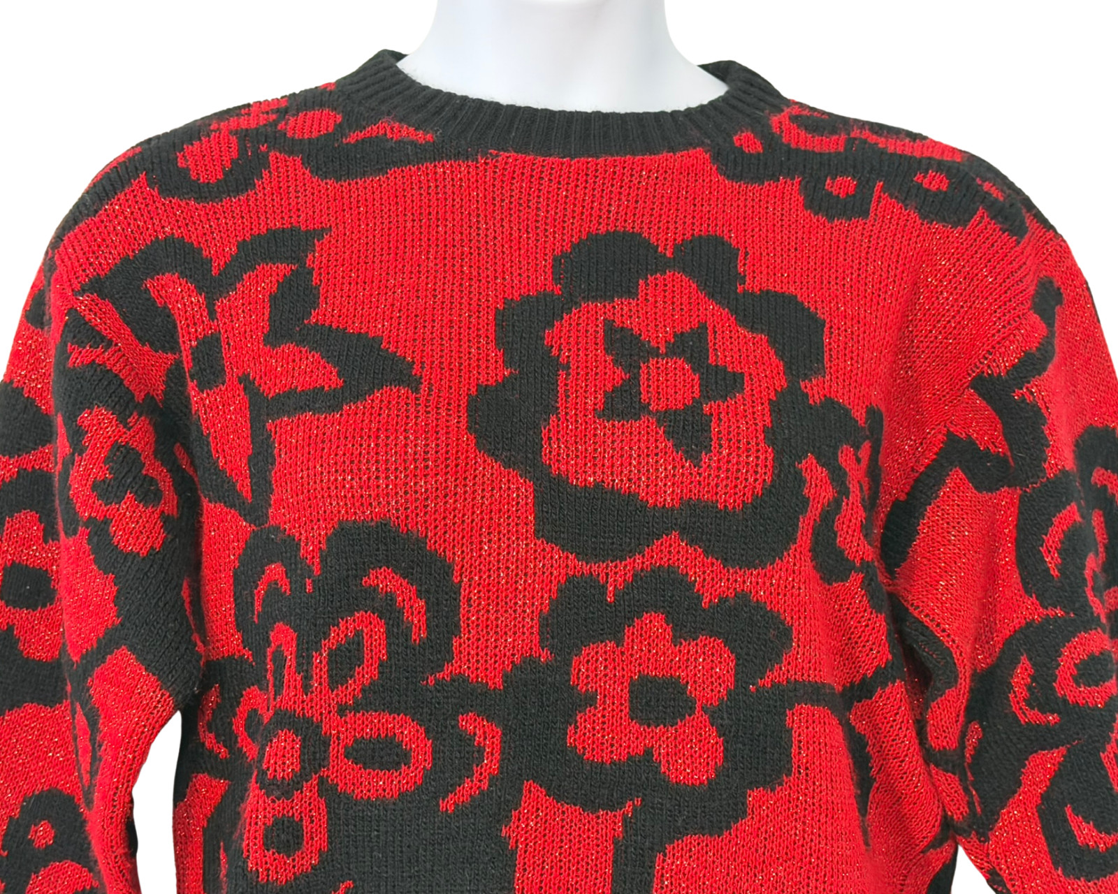 Vtg 80s Jolie Sz M-L Dropped Shoulder Sweater Acrylic-Lurex Knit Red & Black