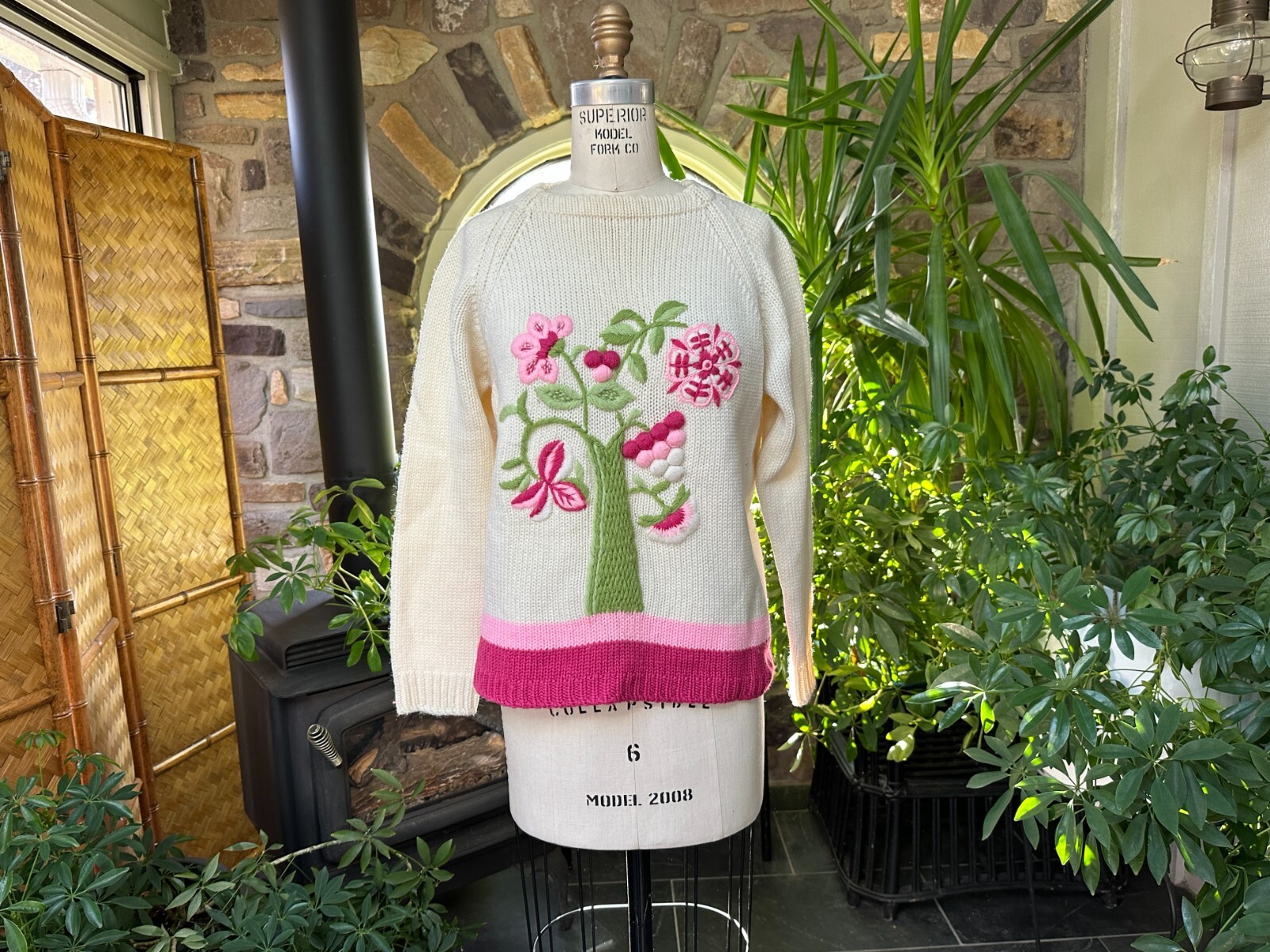 Vintage 1970s Ivory and Pink Embroidered Wool Crewneck Sweater