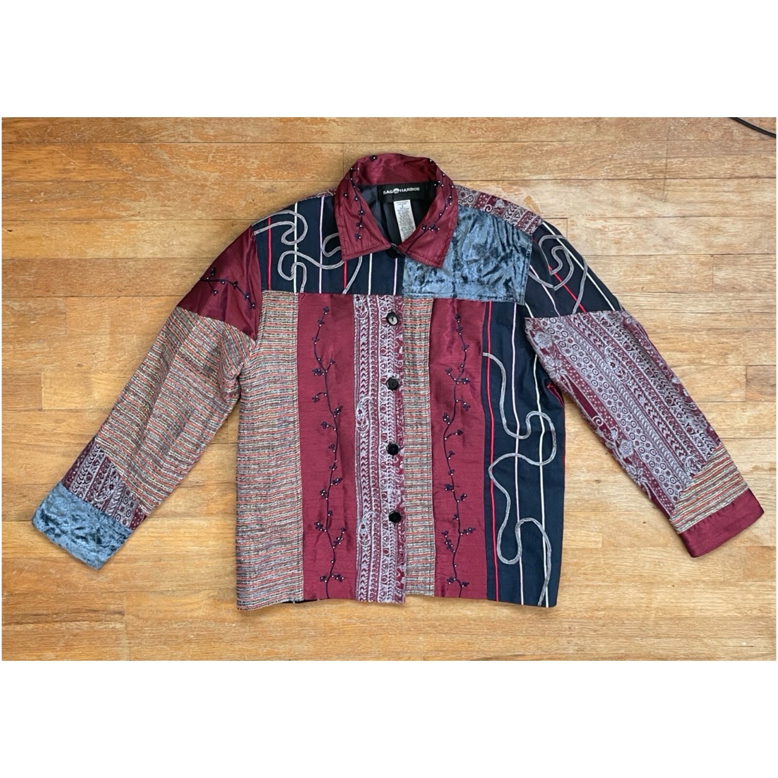 Vintage Patchwork Fabric Jacket Size Medium 1990s Beaded Faux Silk Velvet Tapest