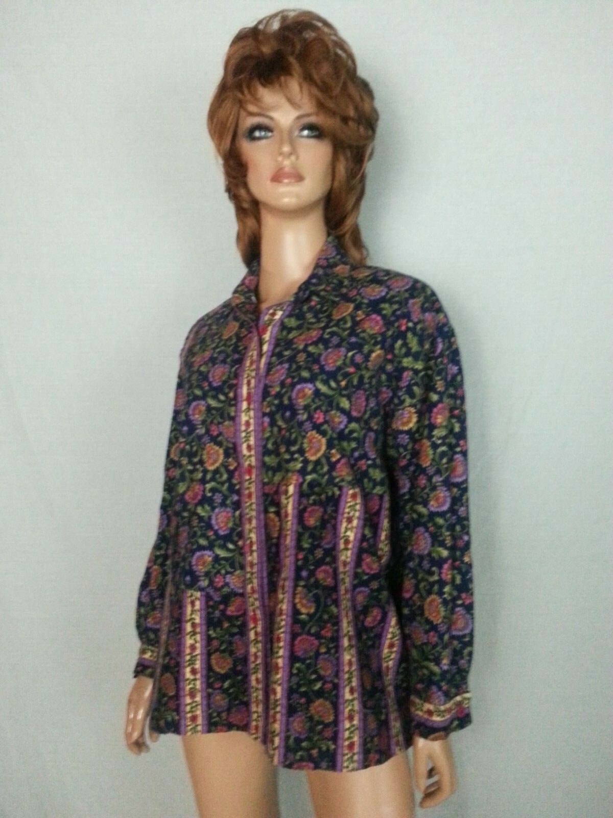 Vtg 70 80s Hand Made Blouse Top Button Down Blue Floral Long Sleeve Hippie L