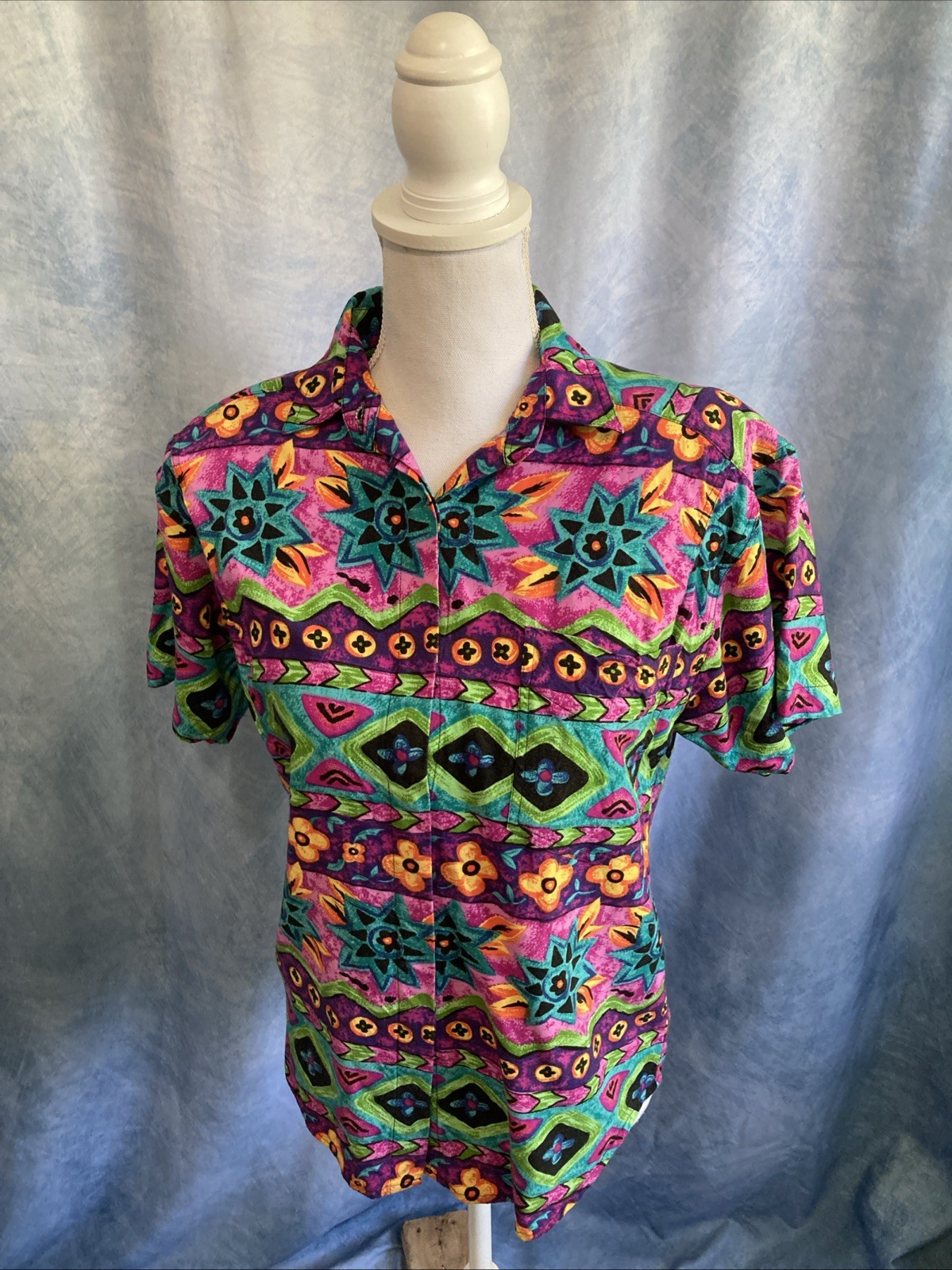Vtg Accordeon 80s 90s Rayon Abstract Geometric Floral Shirt S Shoulder Pads Rave