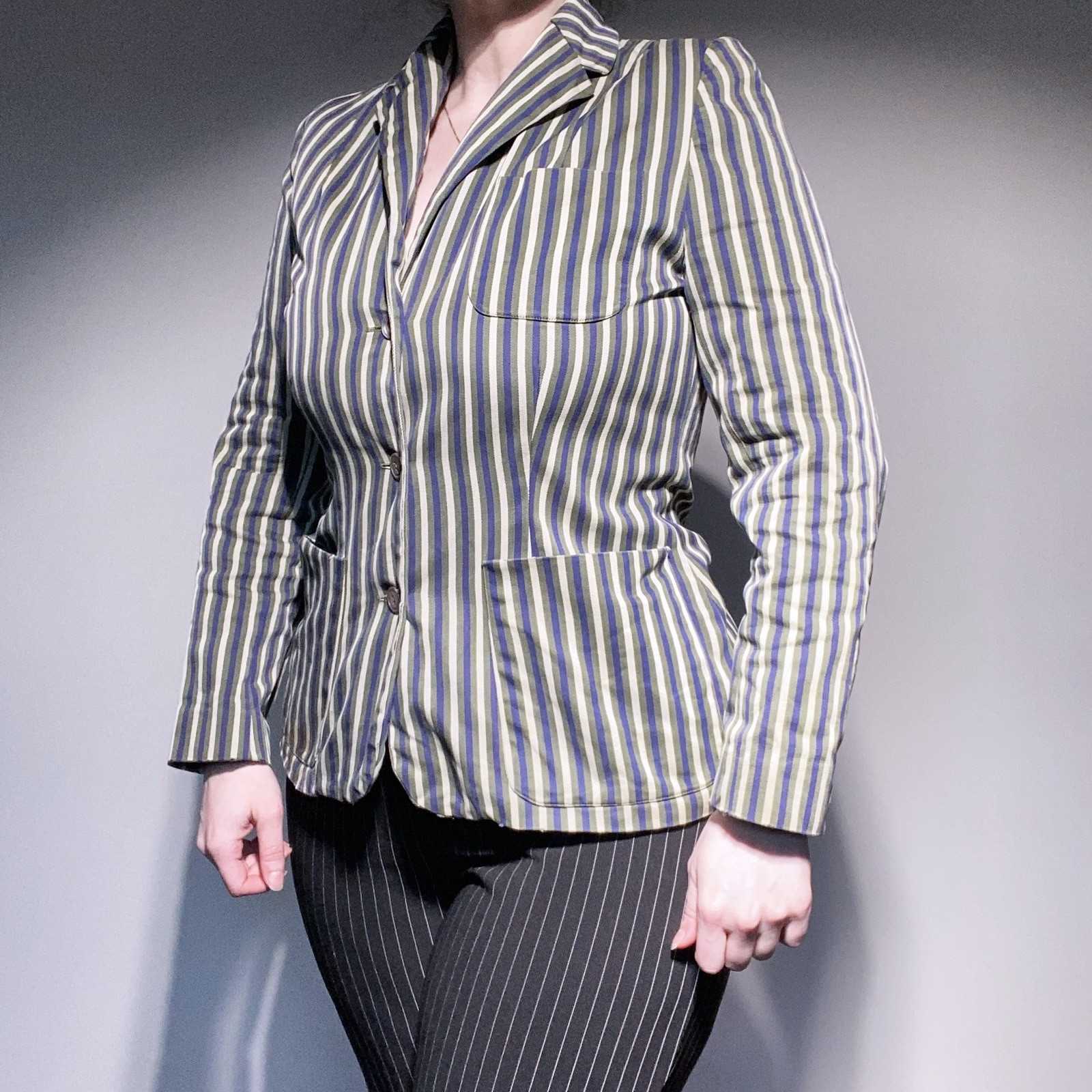 Vintage 40s Florence Walsh Green/Blue/Creme Striped Button Up Chore Blazer S