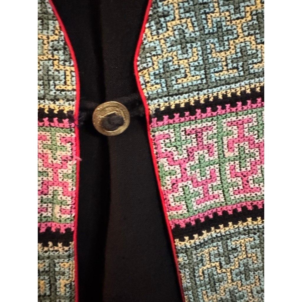 Vintage Hand Embroidered Cross Stitch Geometric Folk Vest Black Pink Green Small