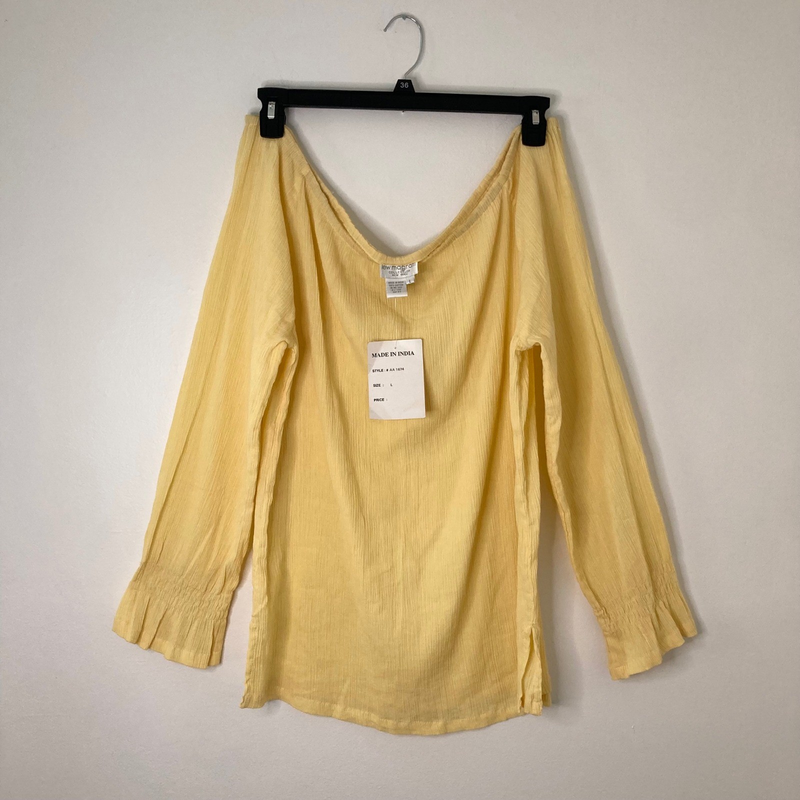 VTG Lew Magram Yellow Cotton Off-the-Shoulder Gauze Top Boho Smocked Cuff Fairy