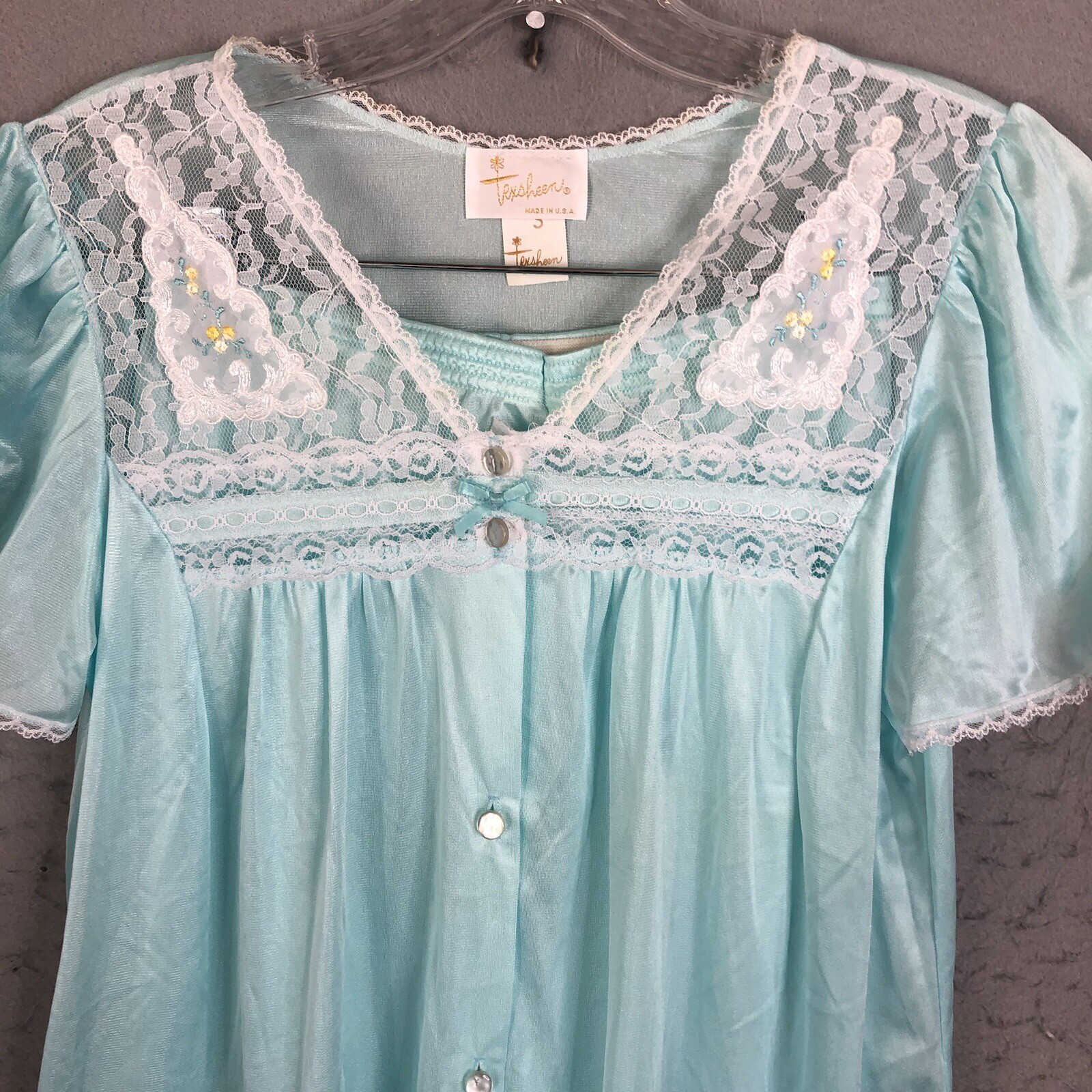 Vintage Coquette Pajamas Womens SMall Blue Nylon Silky Feminine Lace Trim Retro