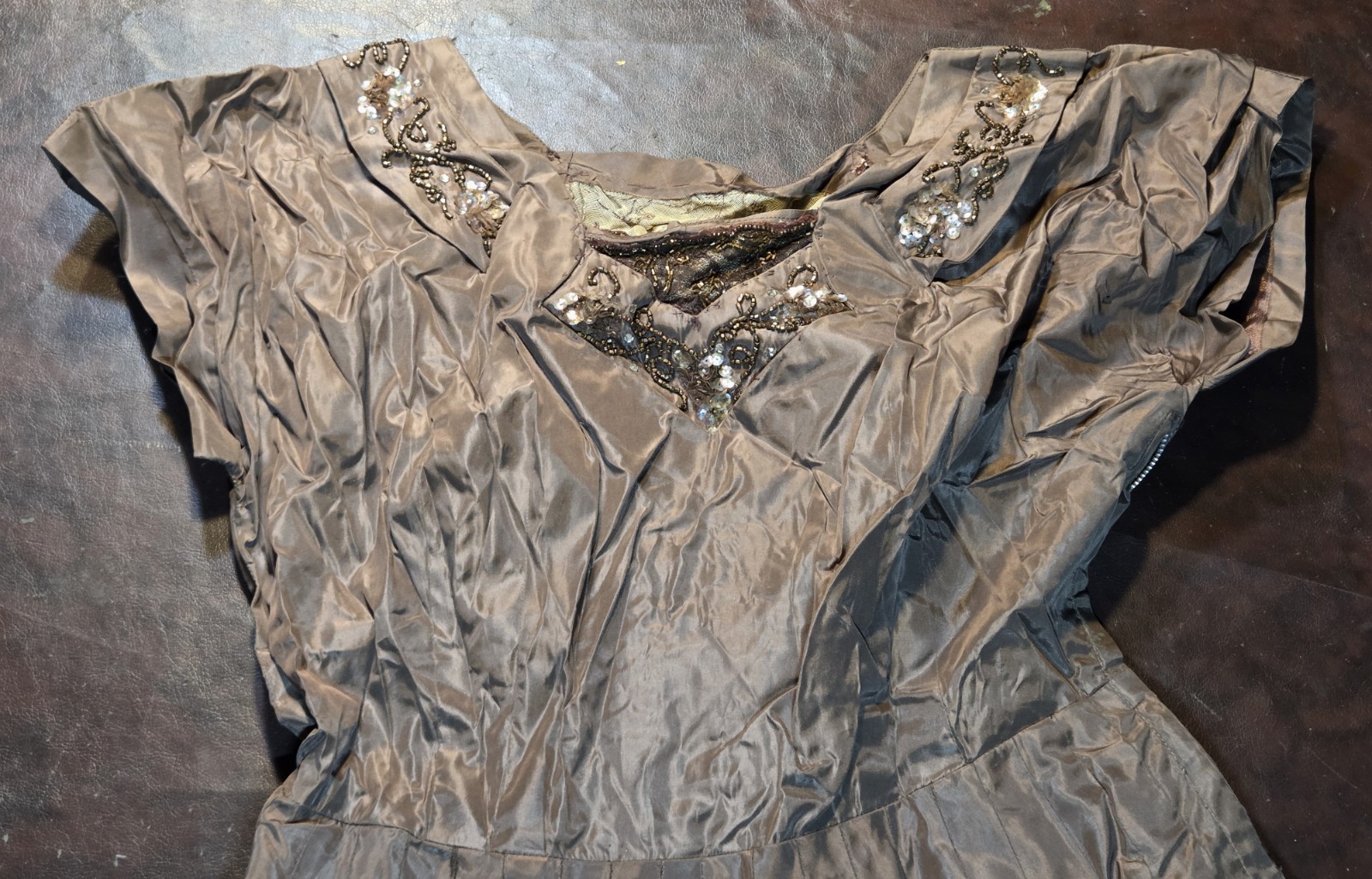 Vintage Mid Century 50s Fit Flare Cocktail Dress Brown Taffeta Sequin Beading