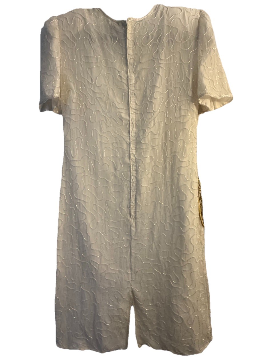Authentic Vintage 1980s Medium Ivory Gold Beaded Lined Silk Cocktail Dress