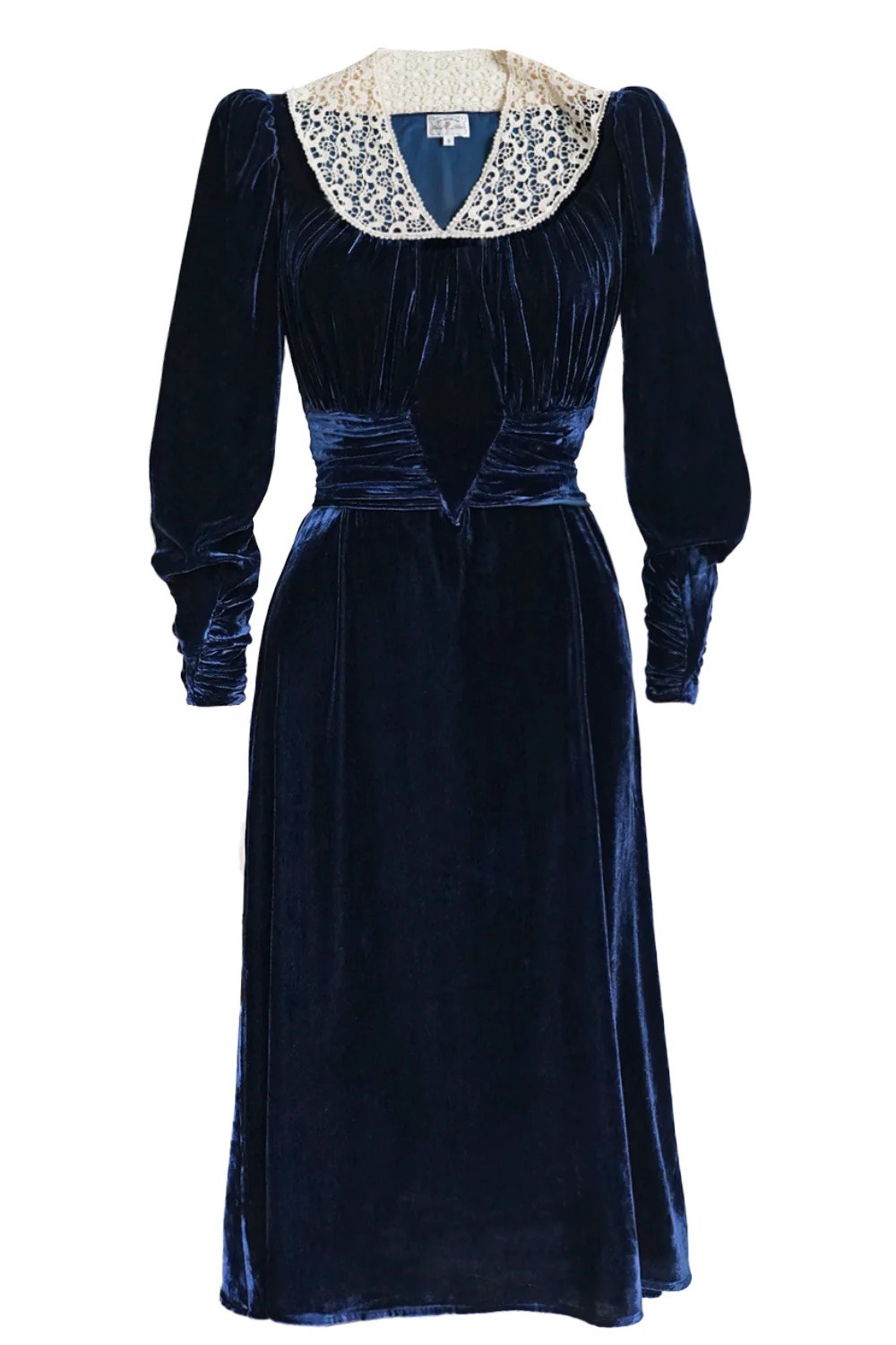 1930s Lace V-Neck Blue Velvet Dress