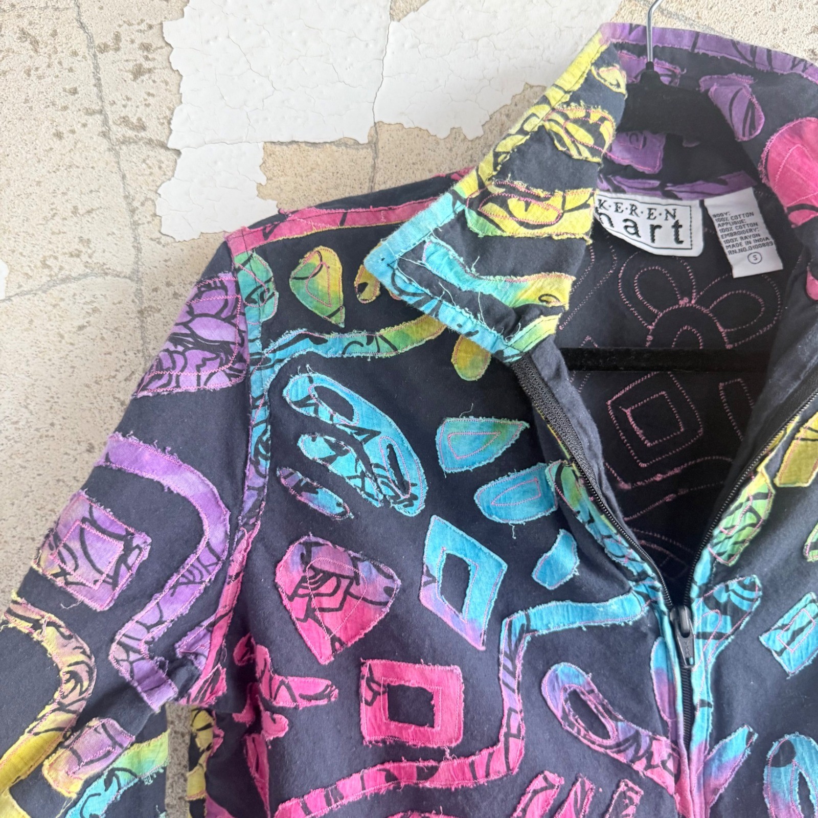 Vtg 90s Jacket Art to Wear Abstract Artsy Applique Cropped Trucker Keren Hart S