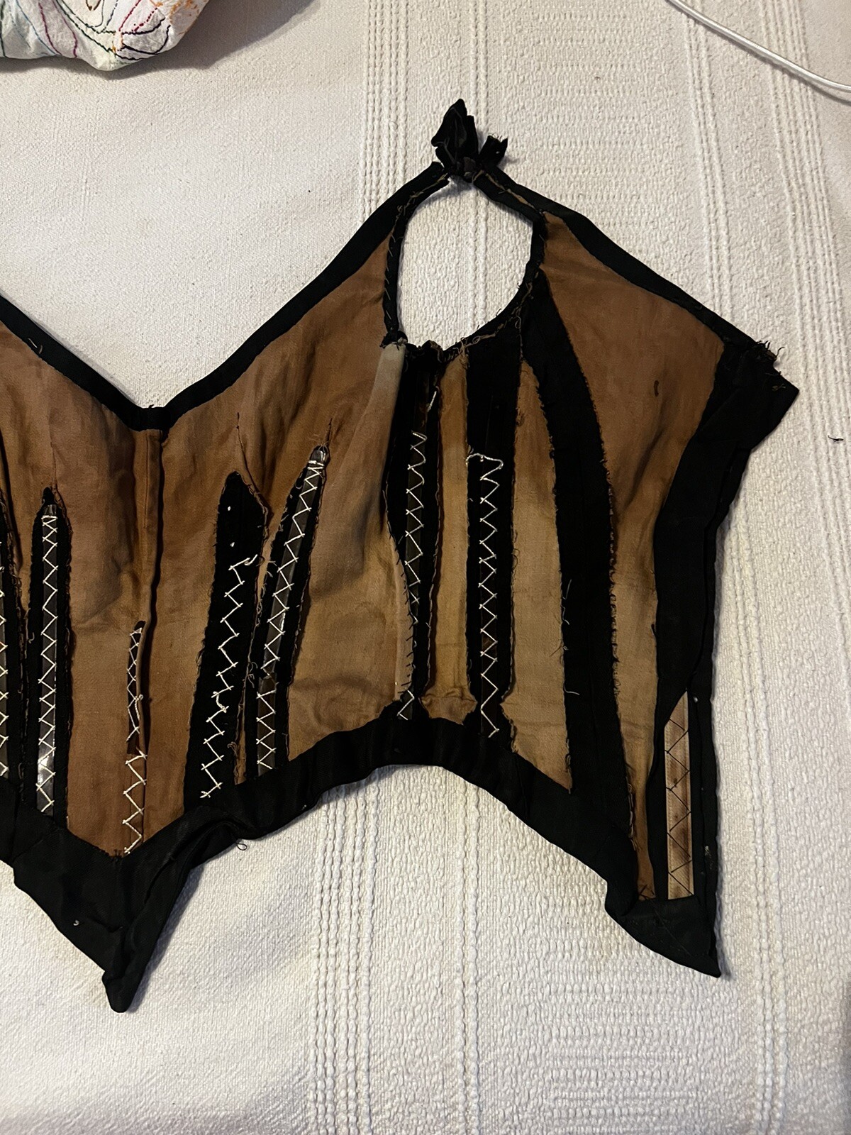 Antique 1930s Black Silk Corset Lace Up Boning Top VTG Bustier Steampunk Gothic