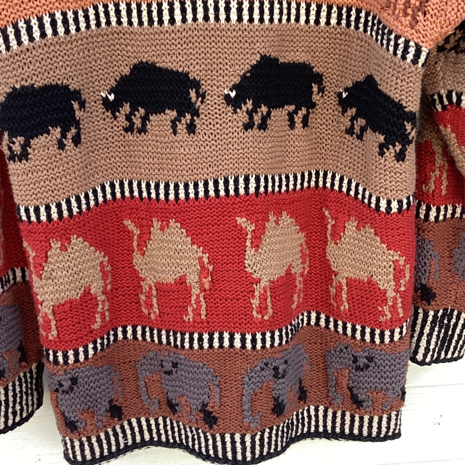 Vintage Mariea Kim Cardigan Sweater Safari Handknit Animals Giraffe Elephants