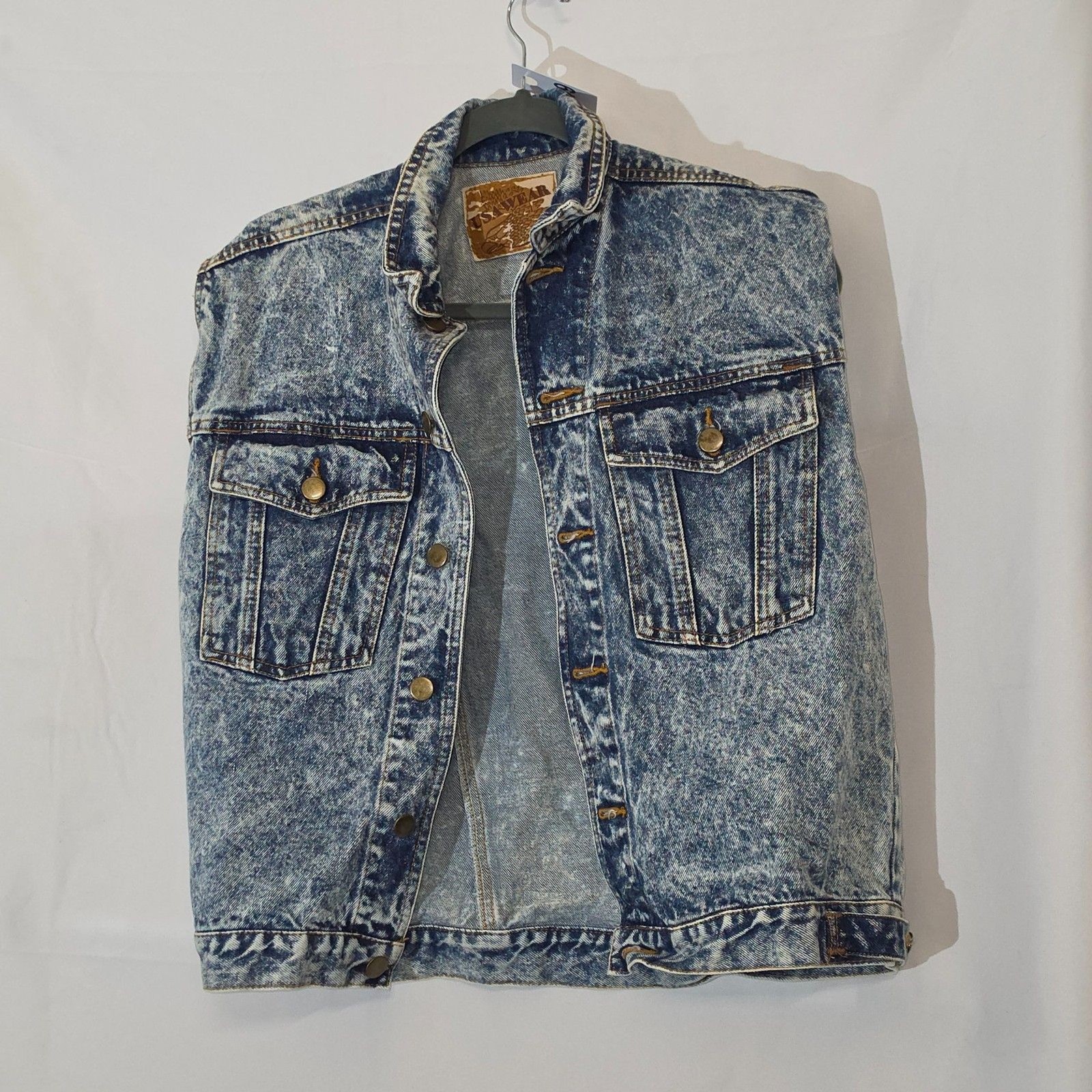 #0249 Vintage USA WEAR Acid Wash Denim Jean Vest Trucker Sleeveless Jacket 80s