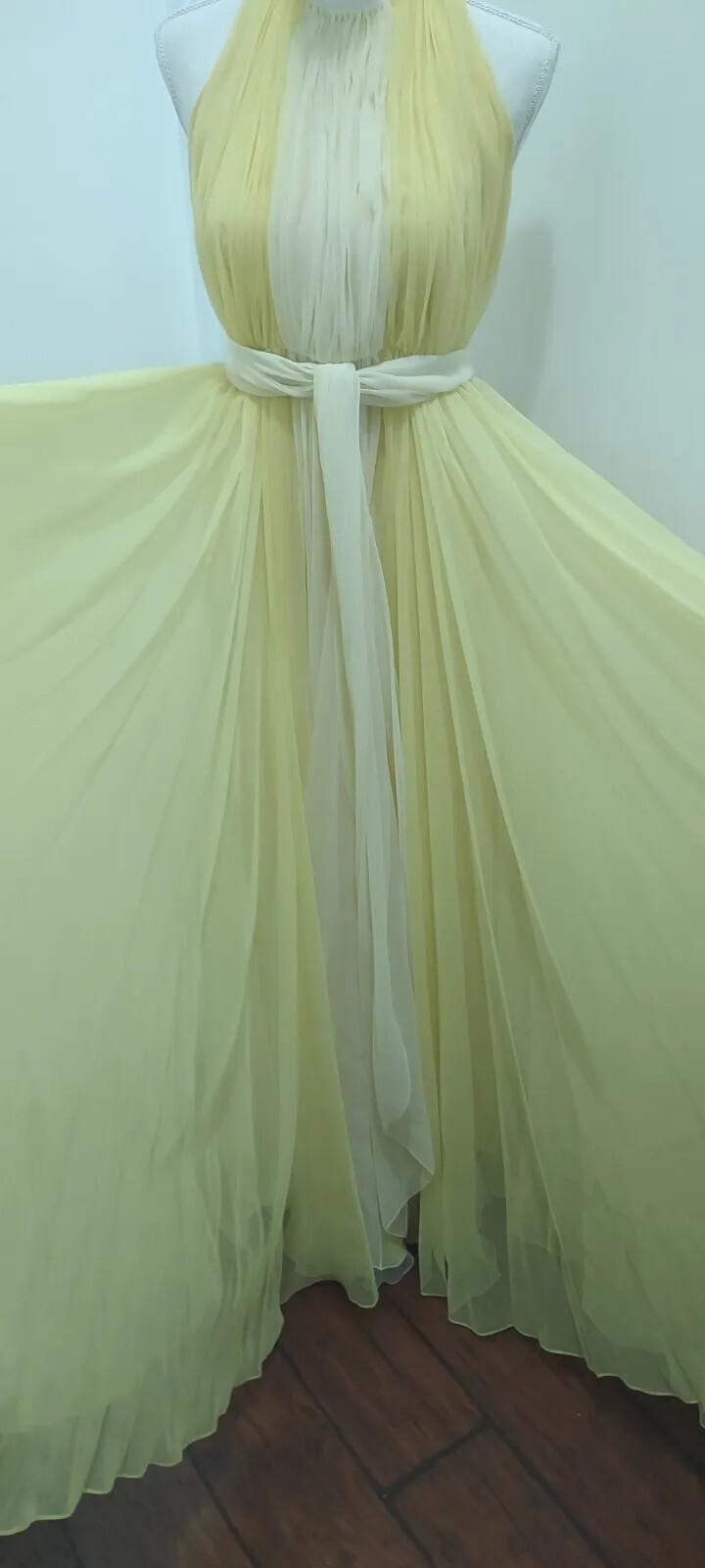 Vintage Kiki Hart NY Two Tone Yellow Chiffon Gown W Trailing Cape Grace Kelly