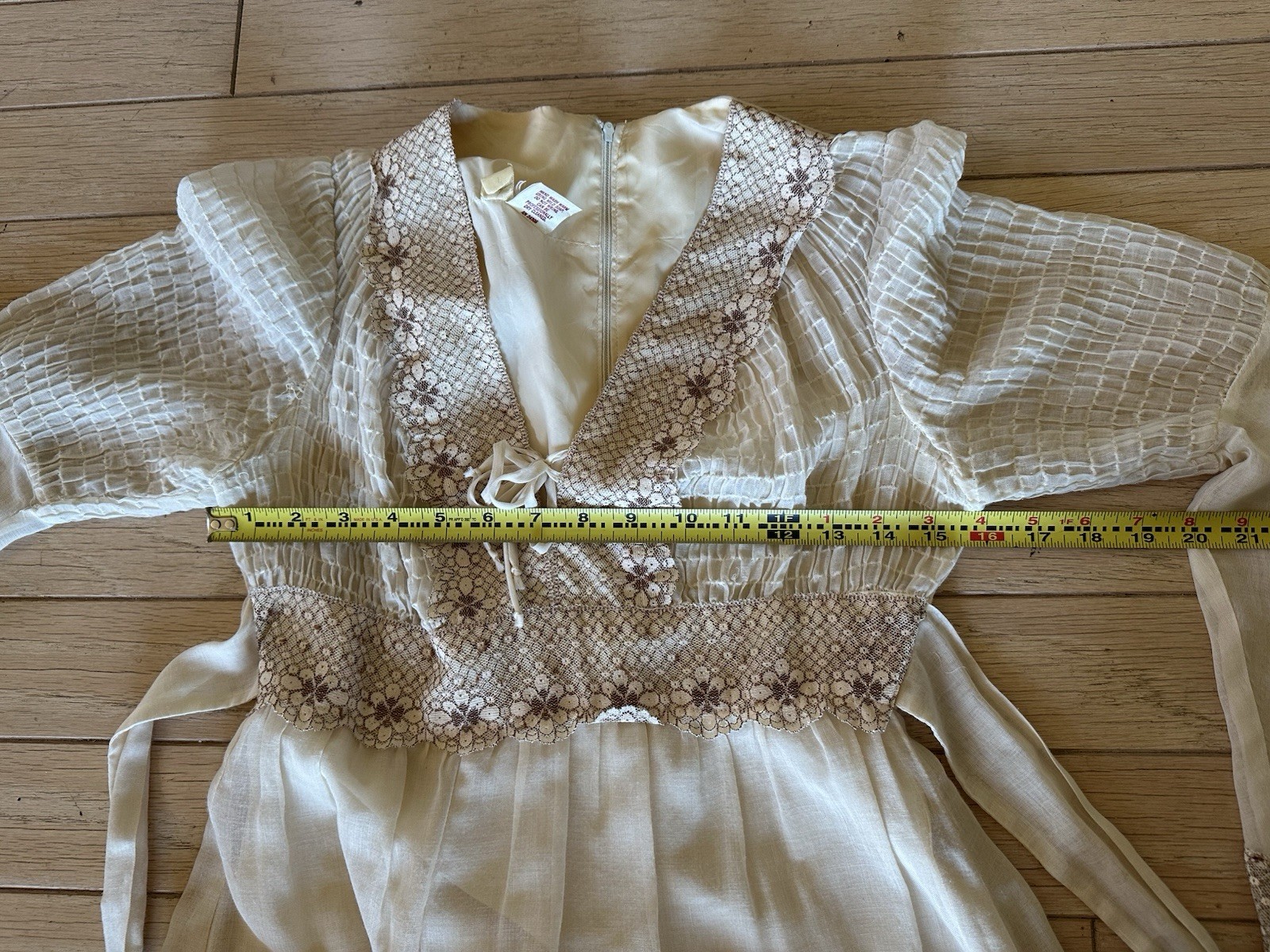 Vtg Candi Of California 1970s Beige Wedding Maxi Hippie Dress Lace Trim Sz 7 (S)