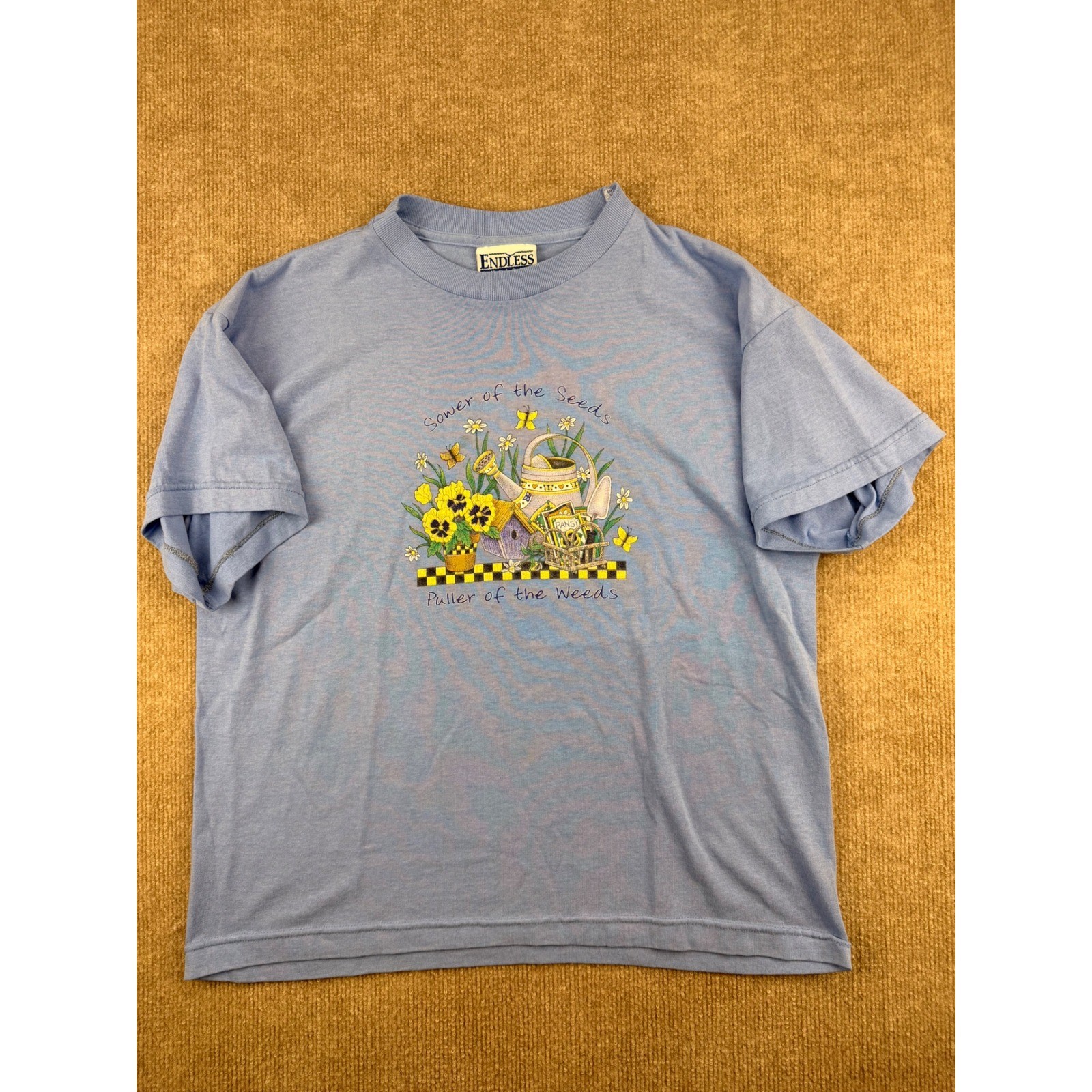 Vintage Endless Designs Gardening Graphic T-Shirt Blue Sower of the Seeds L/XL
