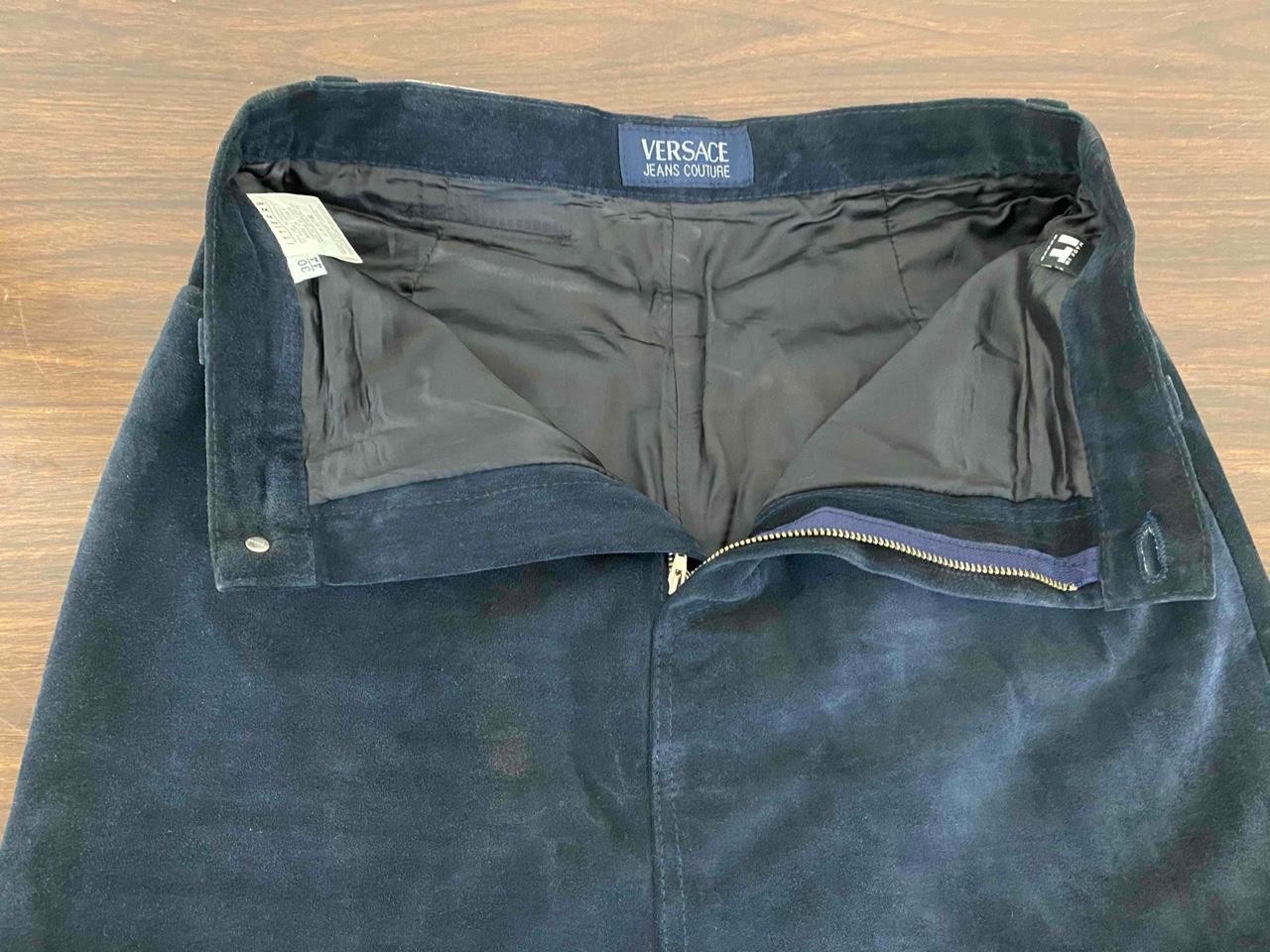 Vintage 1990s Versace Logo Jeans Couture Dark Blue Suede Mini Skirt Size 30/44