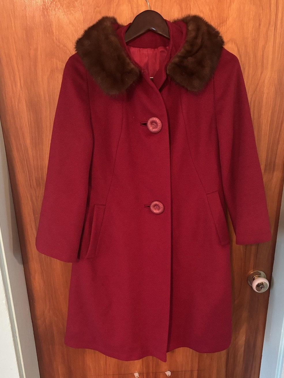 40s 50s 60s Vintage Wool Coat With Fur Collar Union Made Deep Red Womens Small