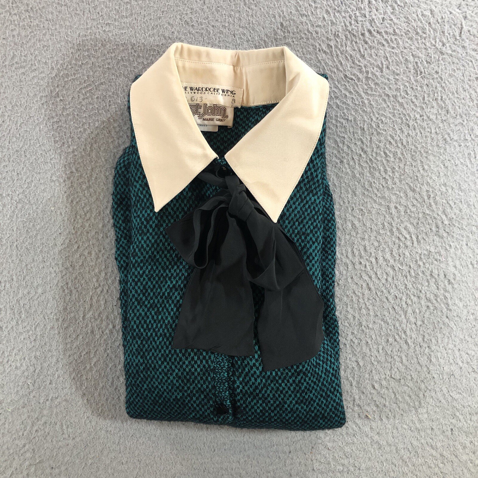 Vtg St John By Marie Gray Knit Dress Green Tweed Beige Collar 80’s Costume