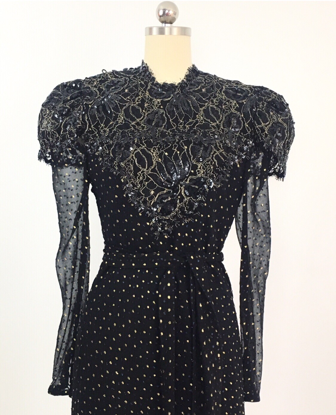 Vintage Judy Hornby Pure Silk Heavily Beaded Bodice Dress W/ Polka Dots Size M