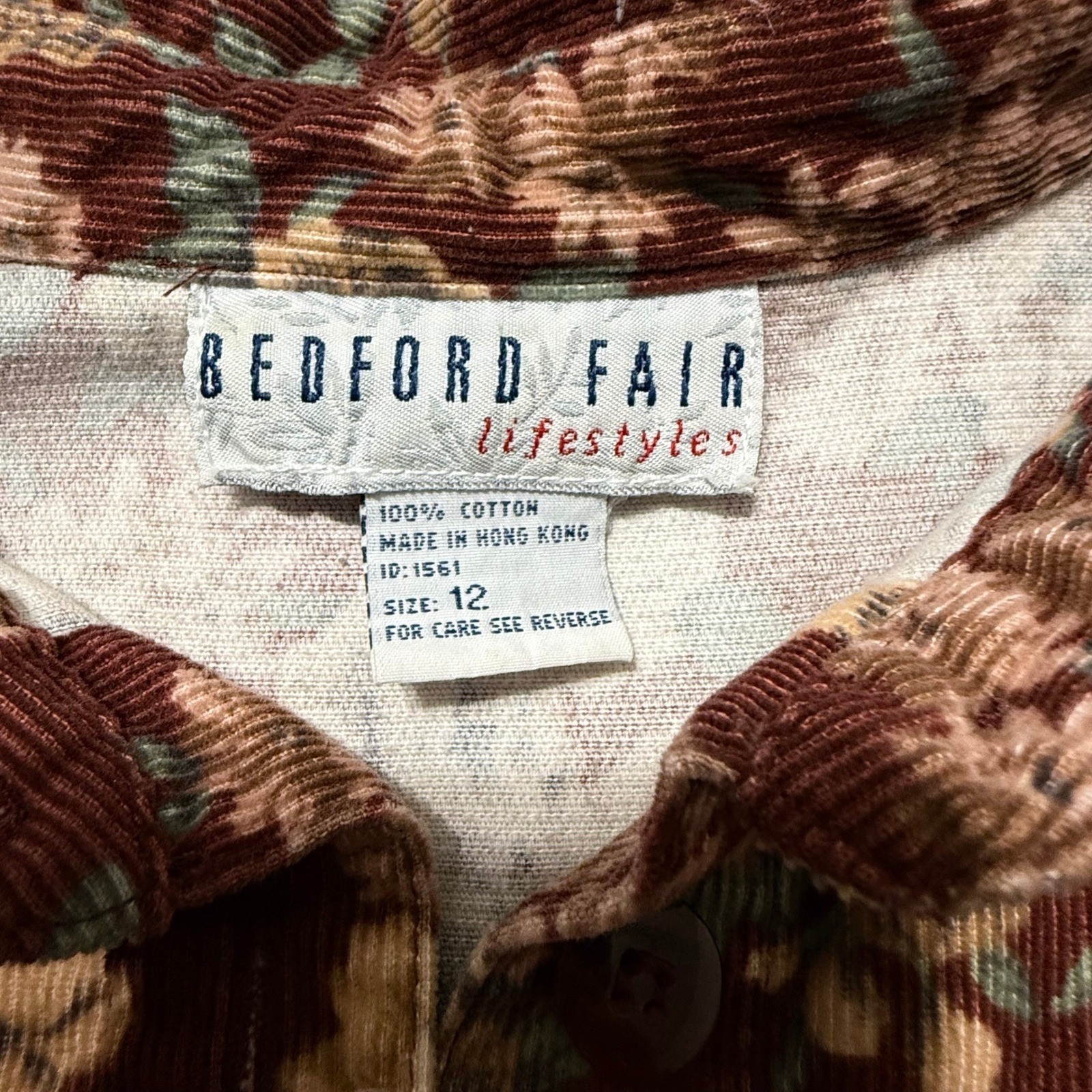 Bedford Fair Vintage Floral Corduroy Maxi Shirt Dress Brown Burgundy Cotton 12