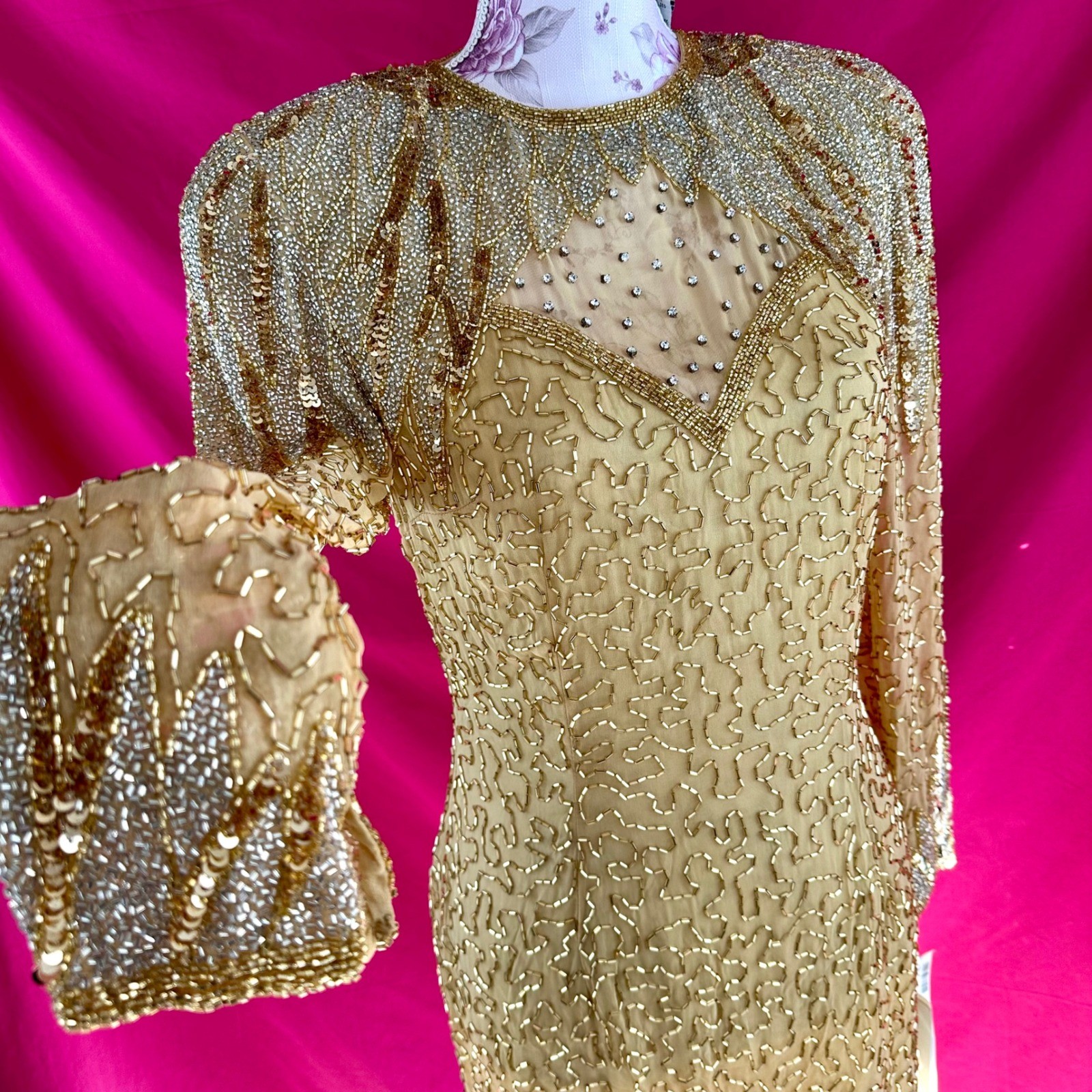 NWT Beaded Sequin Rhinestone Silk Gold Party Midi Dress Oleg Cassini Size 6 NYE
