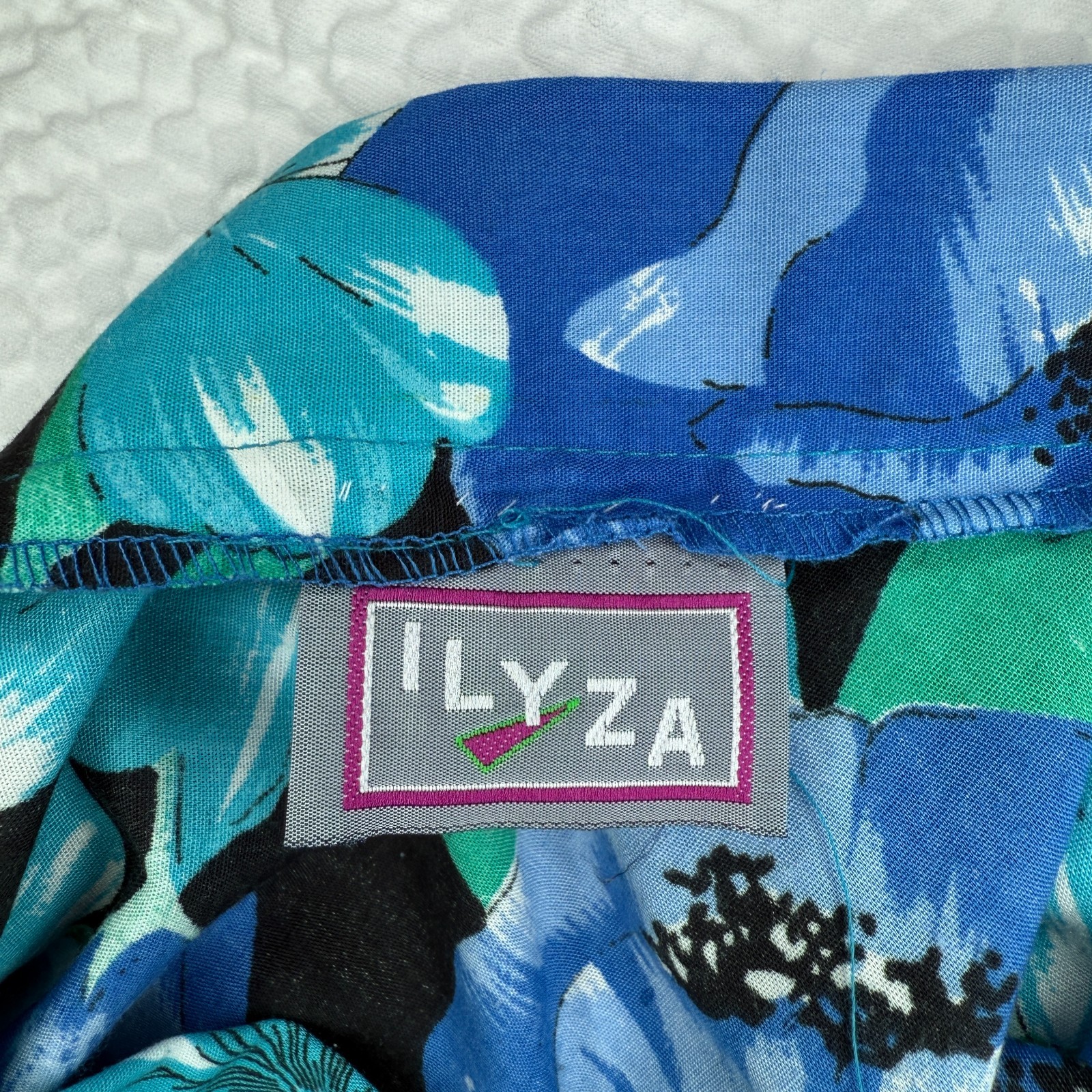 PRICE FIRM Vintage 80s Ilyza Blue Green Tropical Floral A Line Skirt | Size L/XL