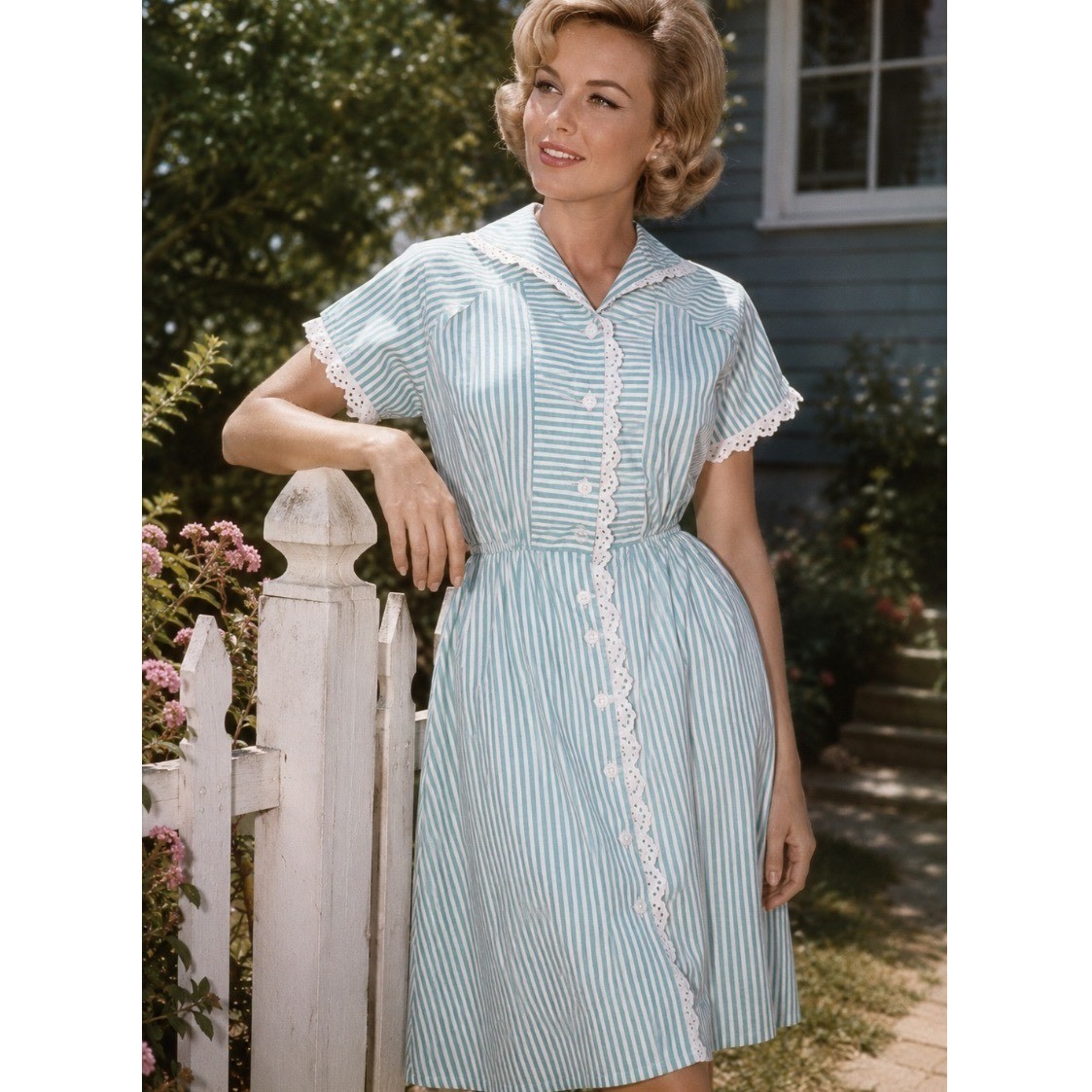 VTG 50s green White Striped House Dress Eyelet Lace Button Front XL MOD