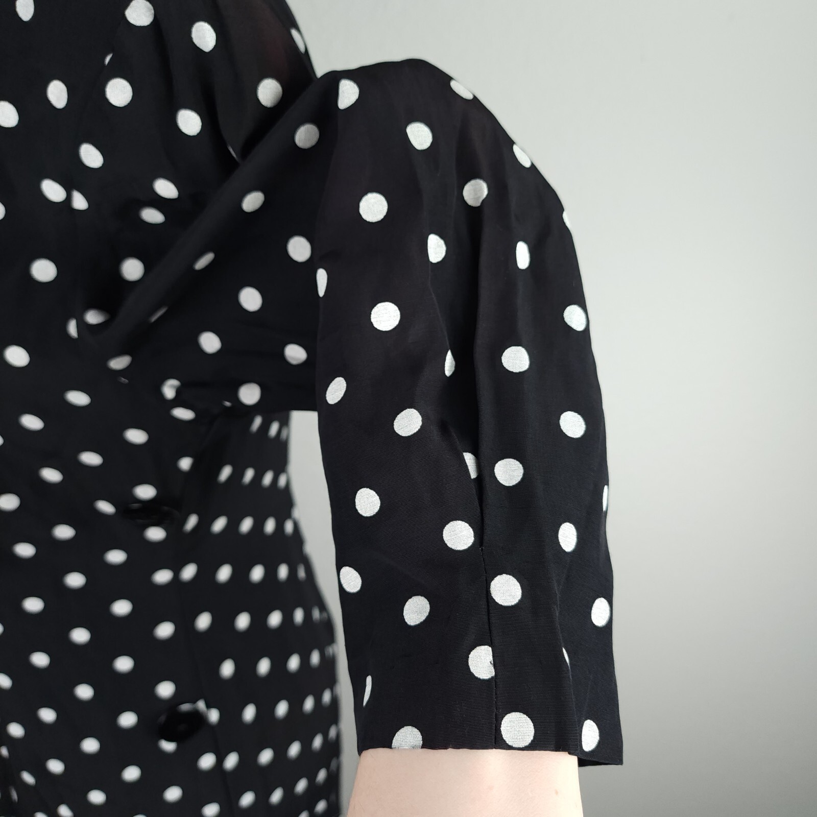 Vintage 80s 1940s DiamondsRun Black White Midi Pencil Dress Long Sleeve PolkaDot