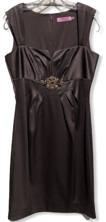 Vintage 90s ELIZA J Brown Satin Dress Size 8 Sweetheart Neckline Rhinestones