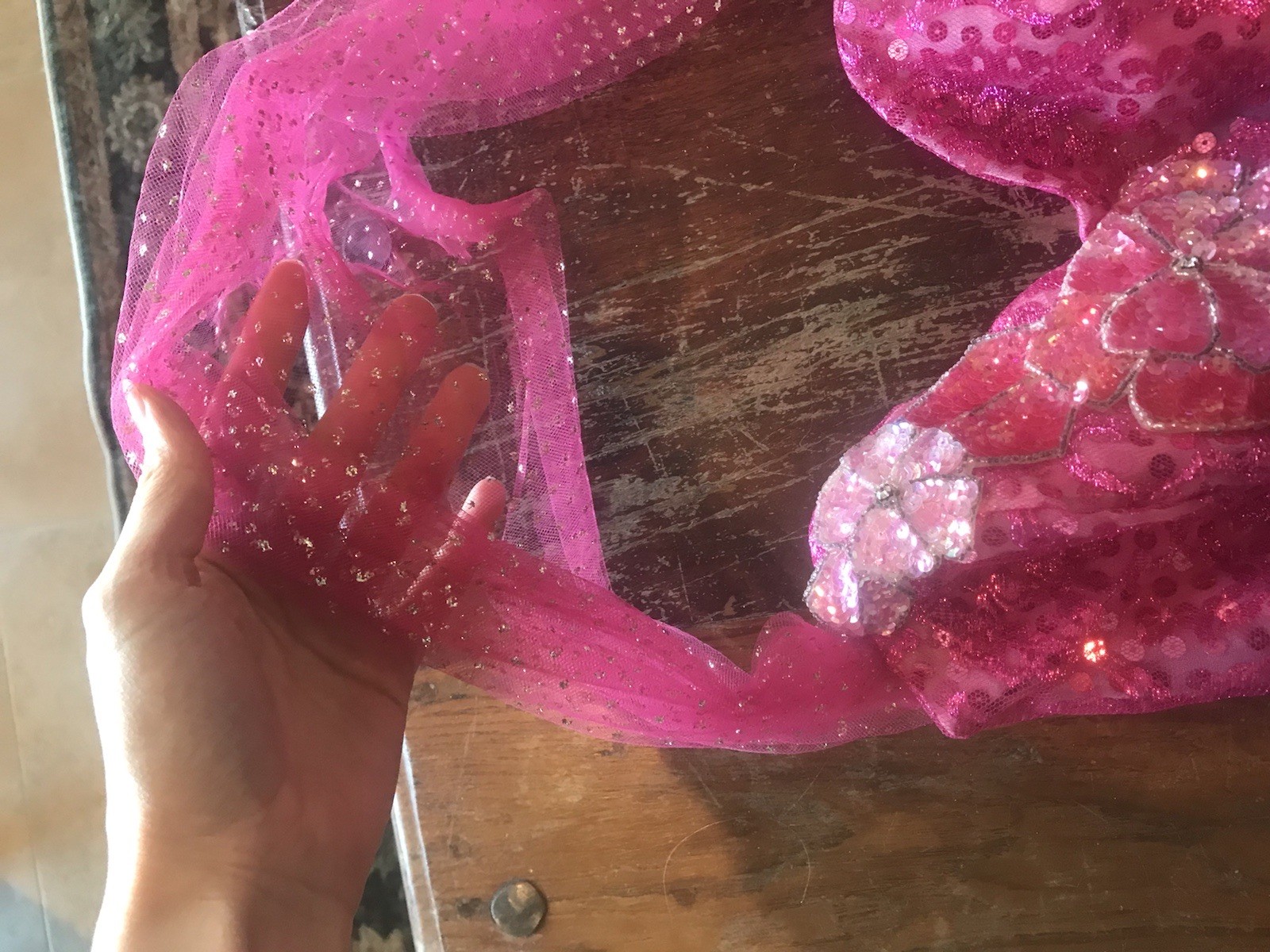 VTG 1991 Hot Pink Barbie Dress LORALIE slanted hem glitter sequin statement