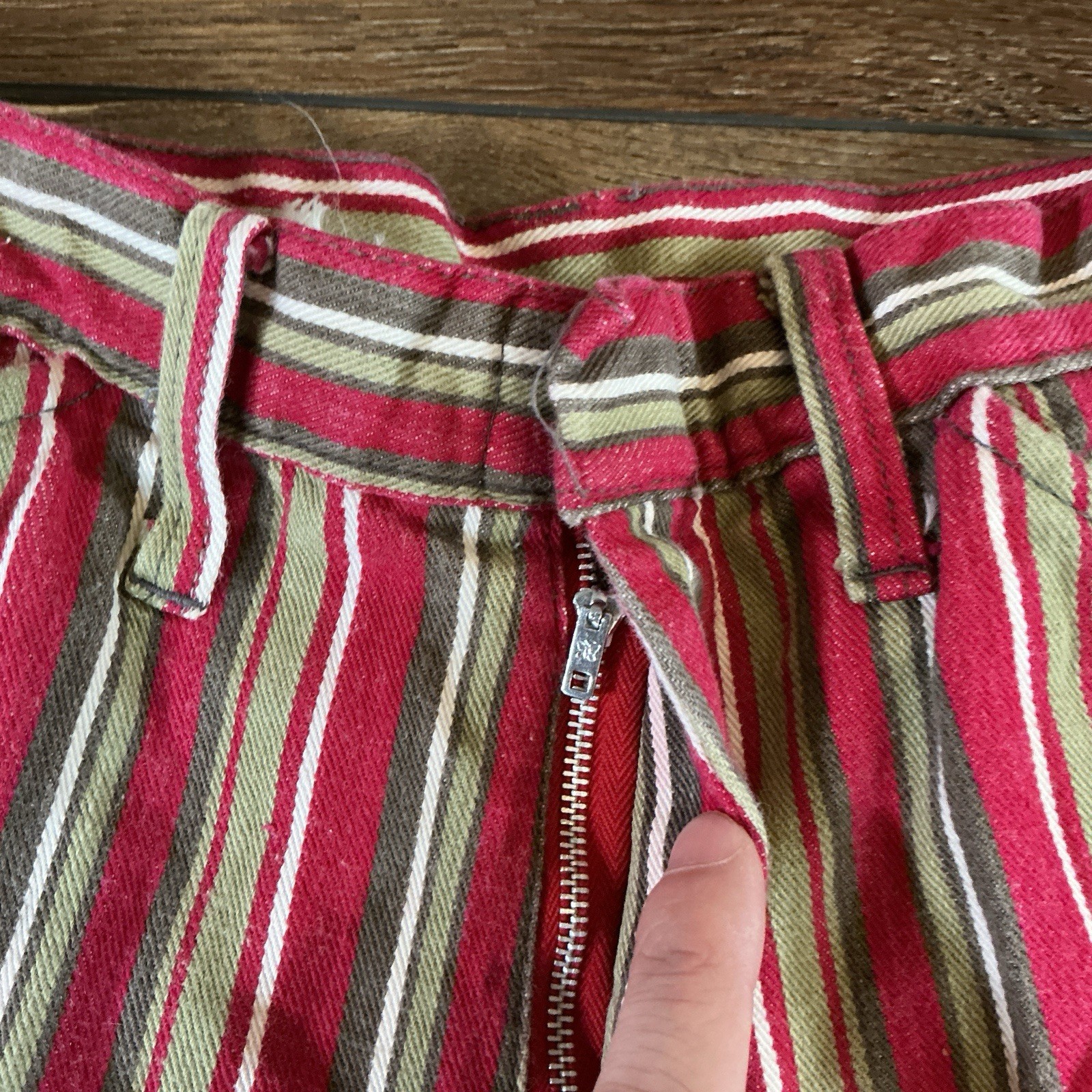 70s VTG Striped Cotton High Waist Flare Pants Red Tan Green Size W24 L29 #21E8