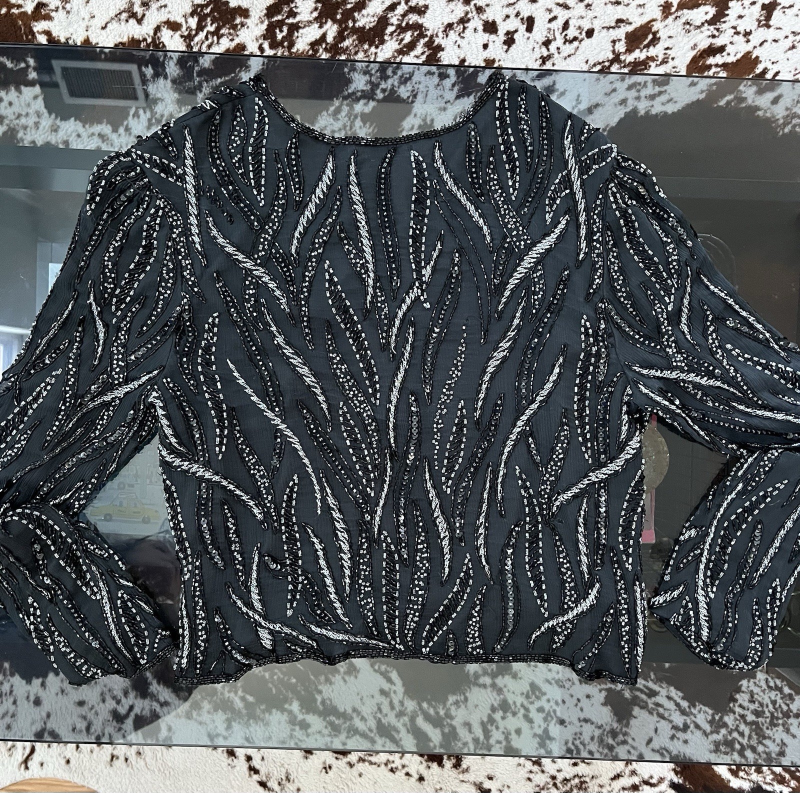 Vintage 80s Beaded Black & Silver 3/4 Sleeve Top with Clasp Closure – Sz: M