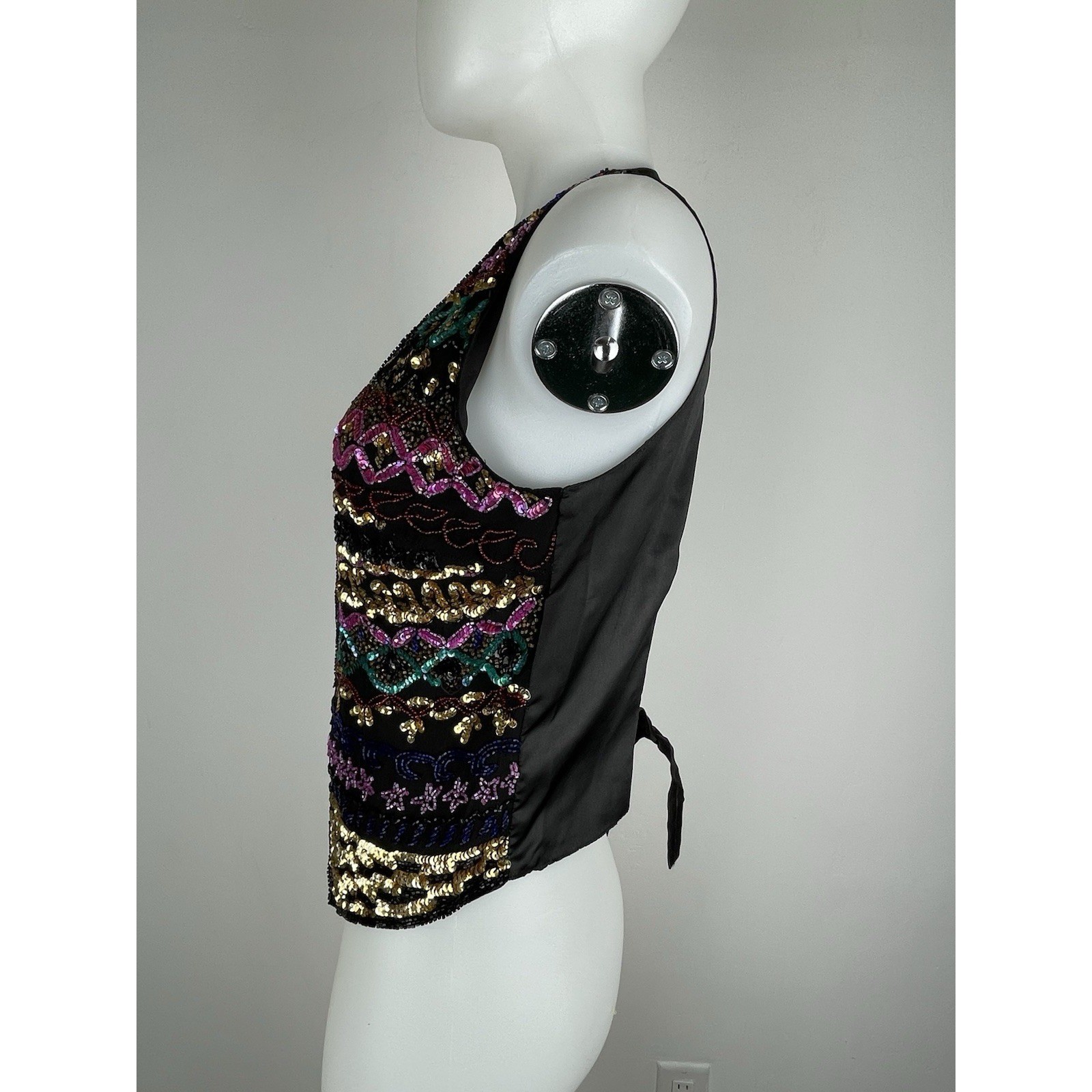 VTG 90s Niteline By Della Roufogali Sequin Beaded Multi Colored SILK Vest SZ M
