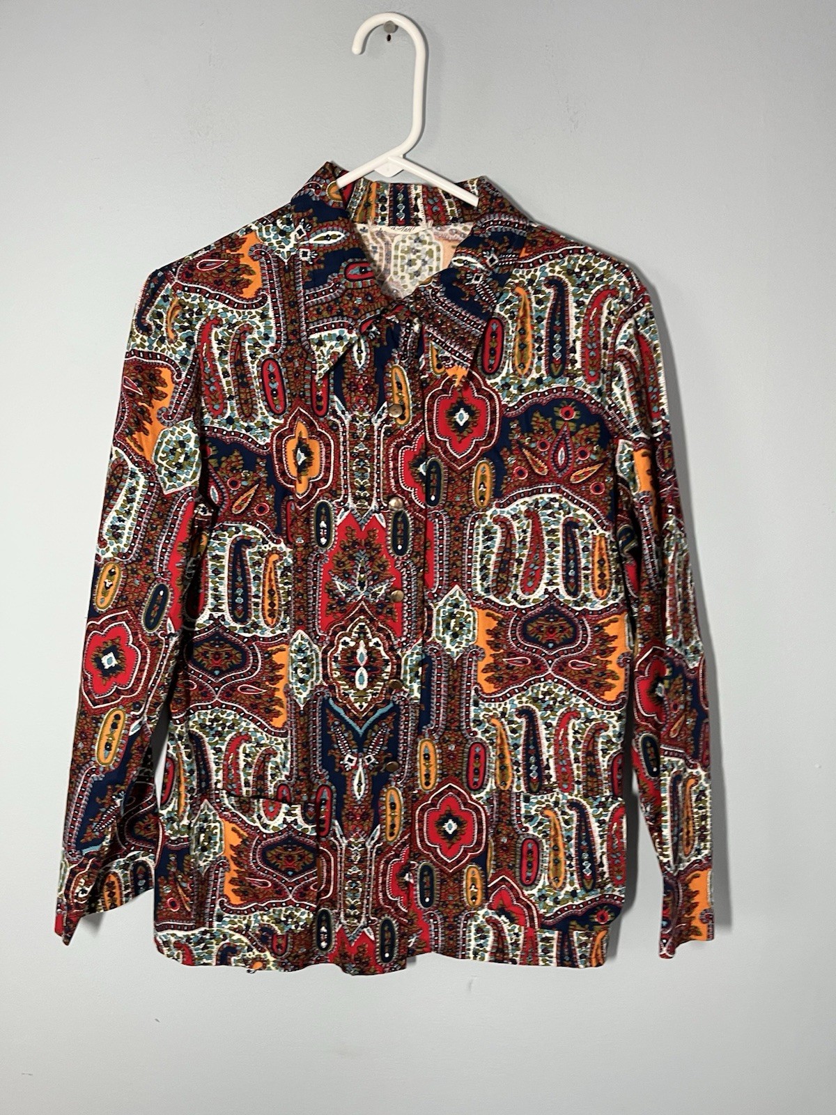 Vintage 1970’s Dagger Collar Cotton Moroccan Exotic Paisley Print Shirt M