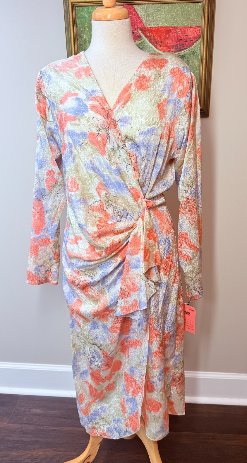 DeadStock Vtg Lori Max 80s Size 13/14 Floral Print Dress Dramatic Gathered Waist