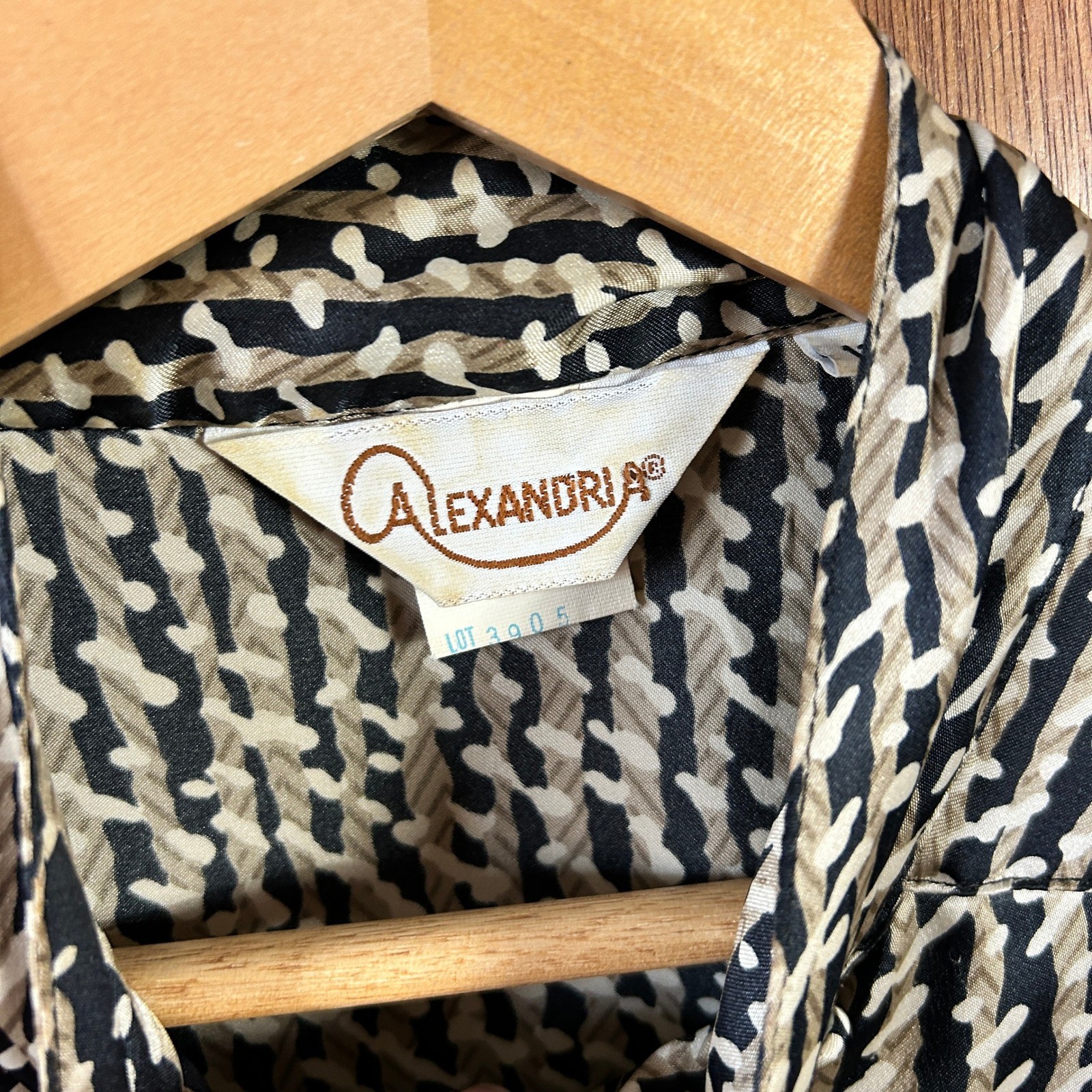 Vintage Alexandria Mock Neck Blouse Black Tan Geometric Abstract Print Top