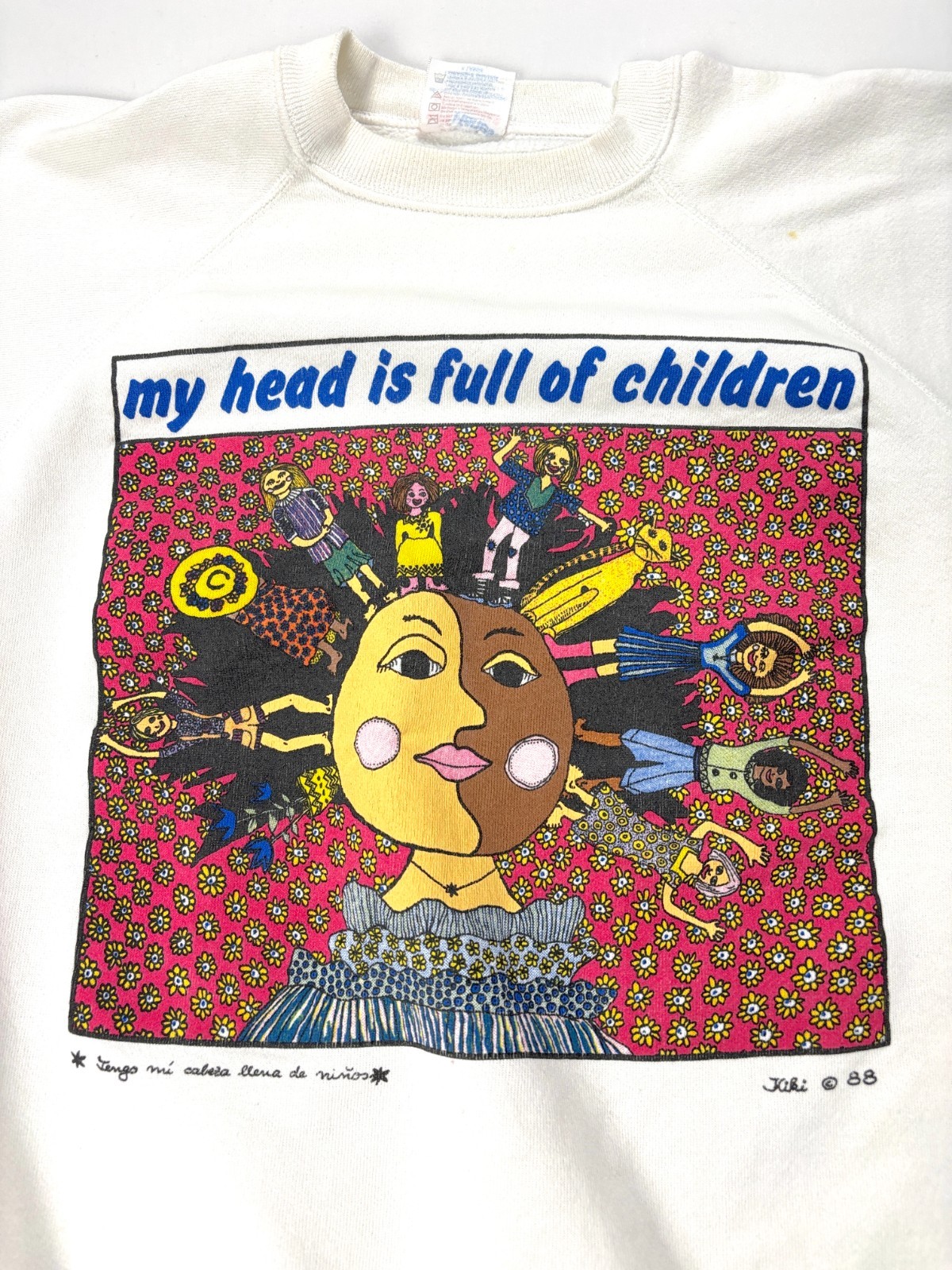 VTG Kiki My Head Is Full Of Children Crewneck Sweatshirt White L Hanes 80s Art